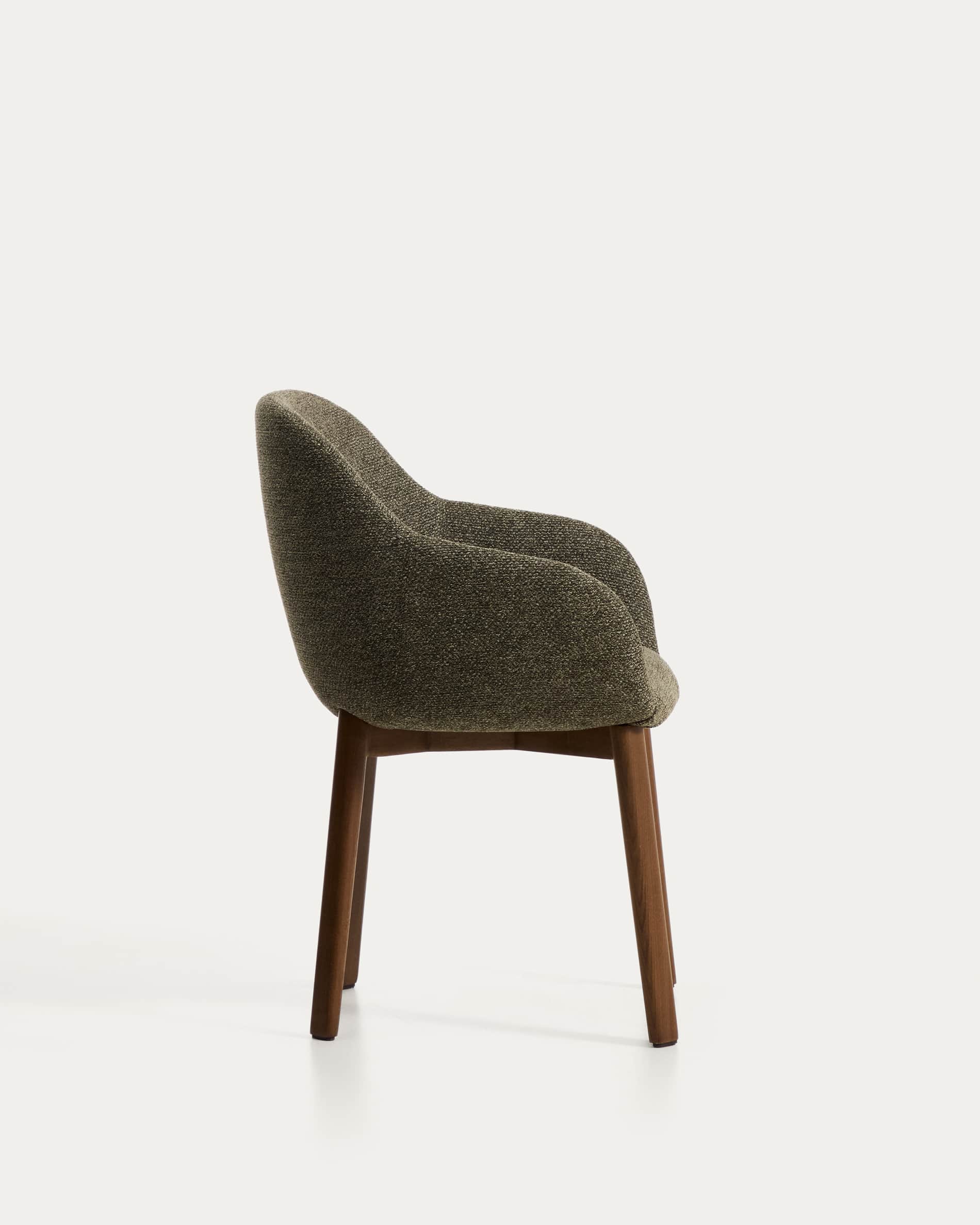 Meila chair with armrests in green chenille with legs in solid ash wood with walnut finish