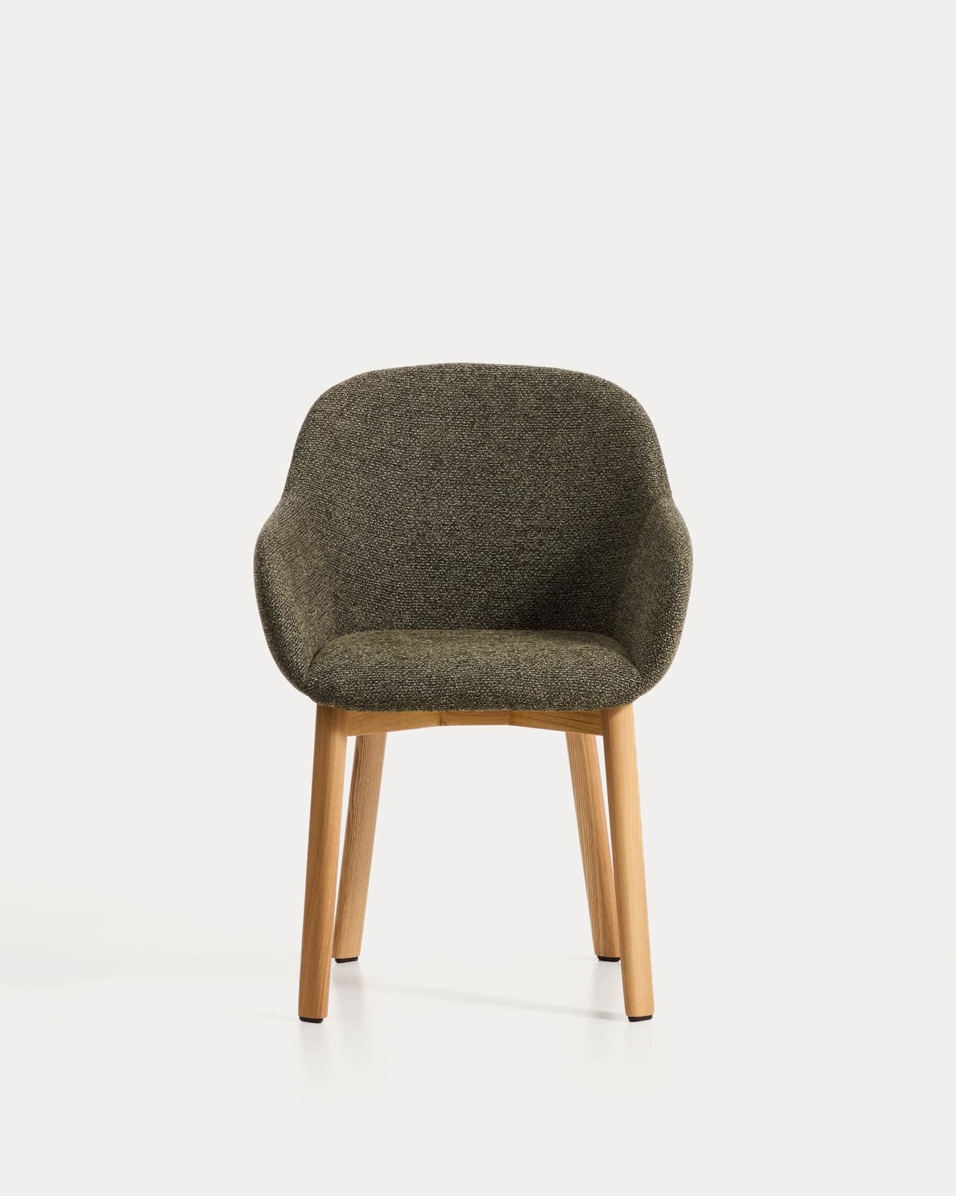 Meila chair with armrests in green chenille with legs in solid ash wood with natural finish