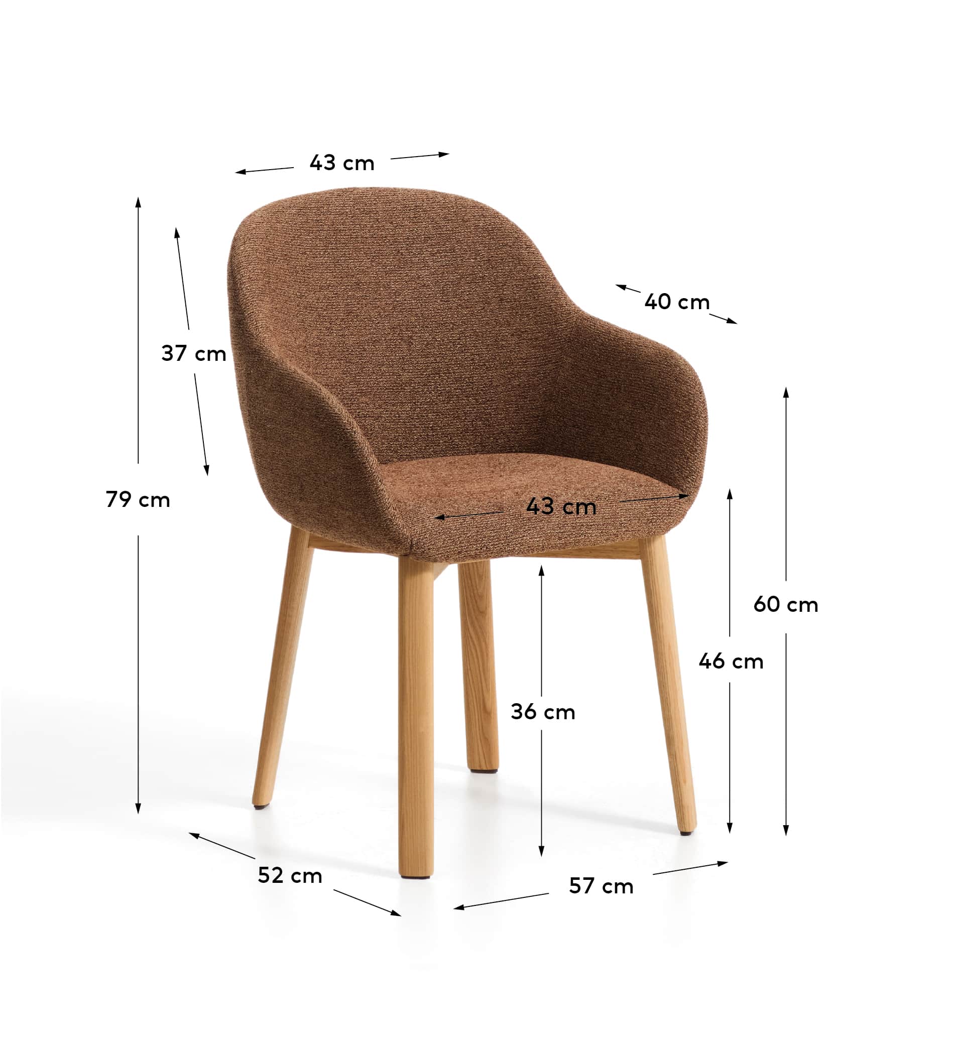 Meila chair with armrests in terracotta chenille with legs in solid ash wood with natural finish