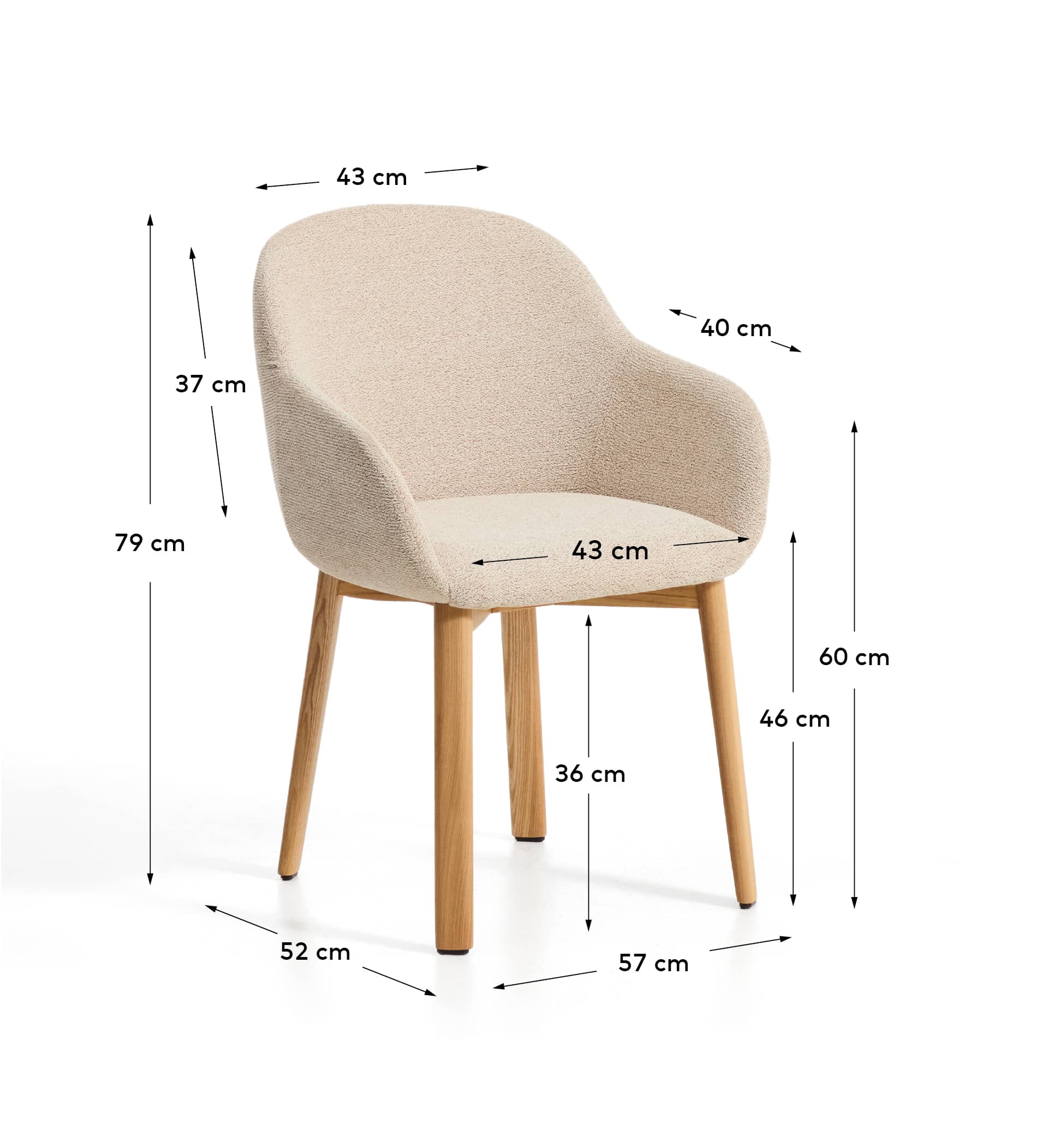Meila chair with armrests in beige chenille with legs in solid ash wood with natural finish