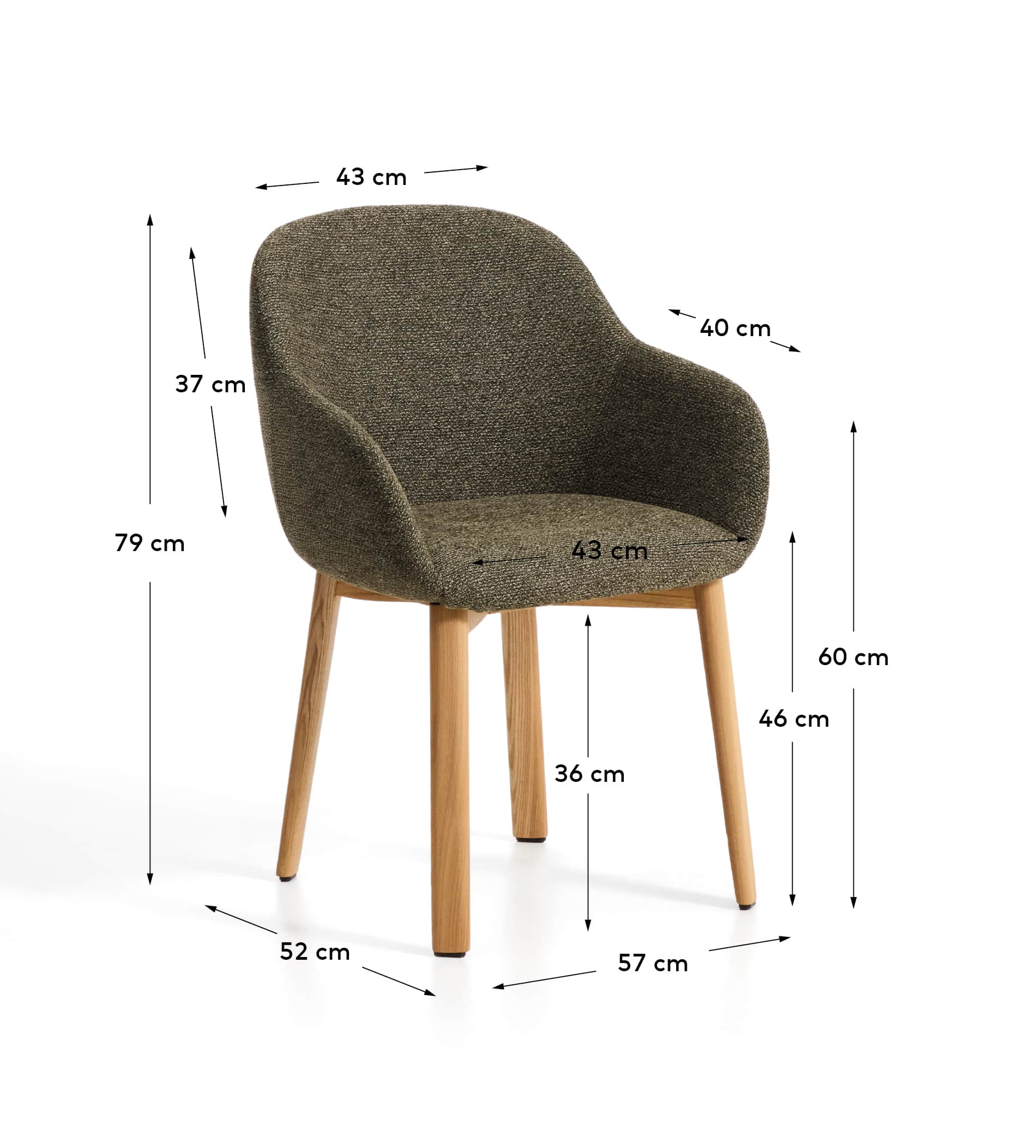Meila chair with armrests in green chenille with legs in solid ash wood with natural finish