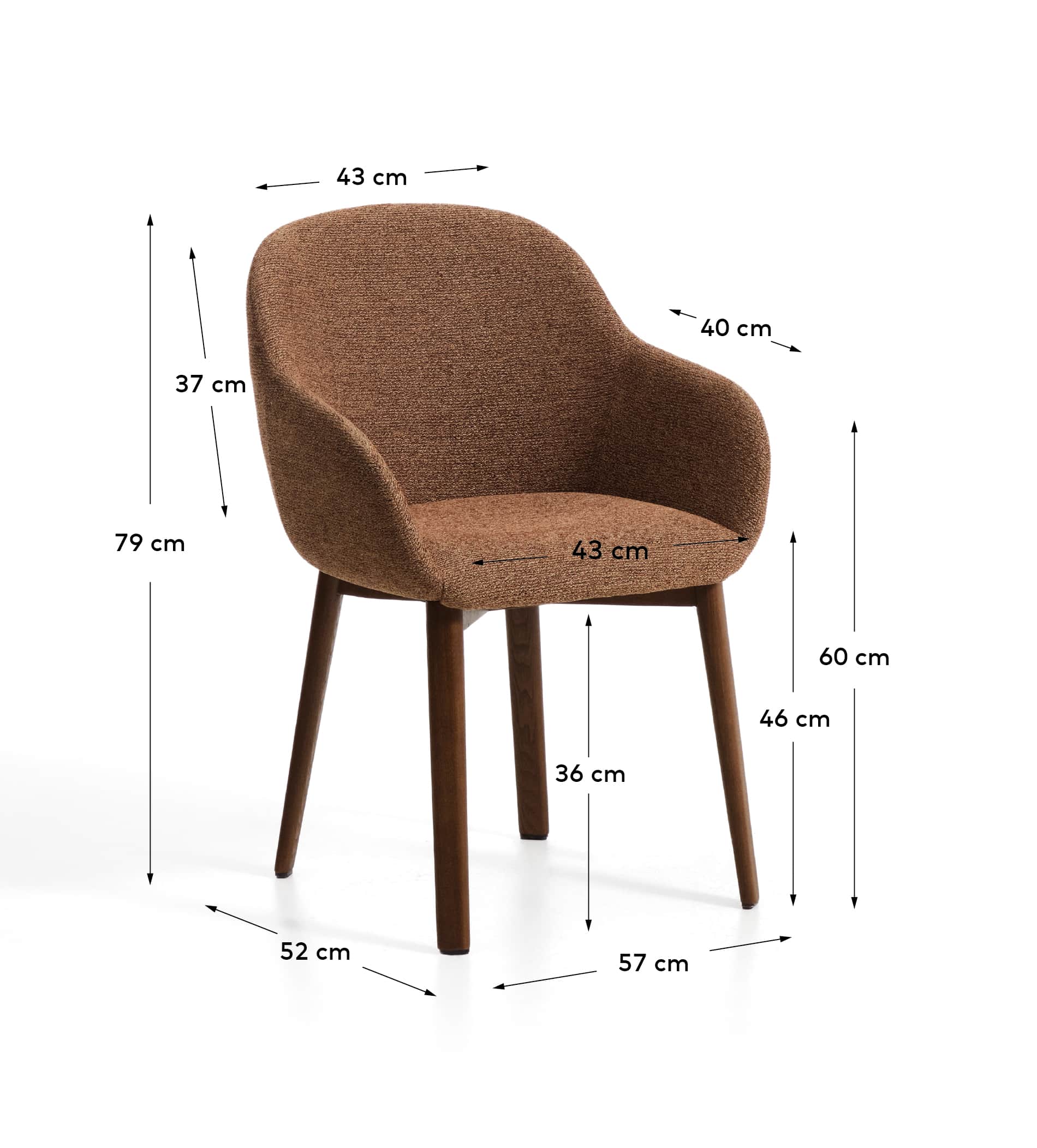 Meila chair with armrests in terracotta chenille with legs in solid ash wood with walnut finish