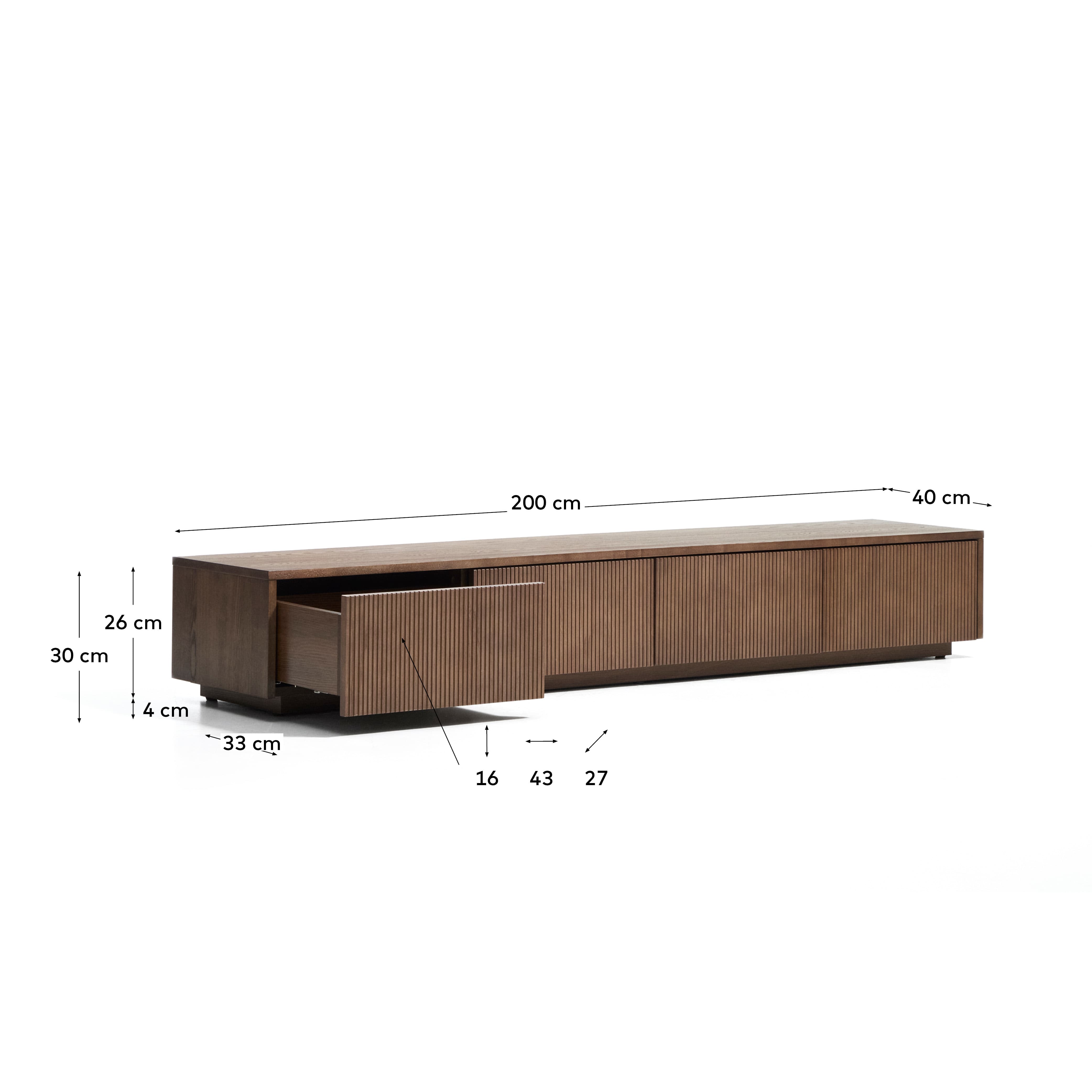 Helvine 4-drawer TV stand in ash veneer with walnut finish 200 x 30cm FSC 100%