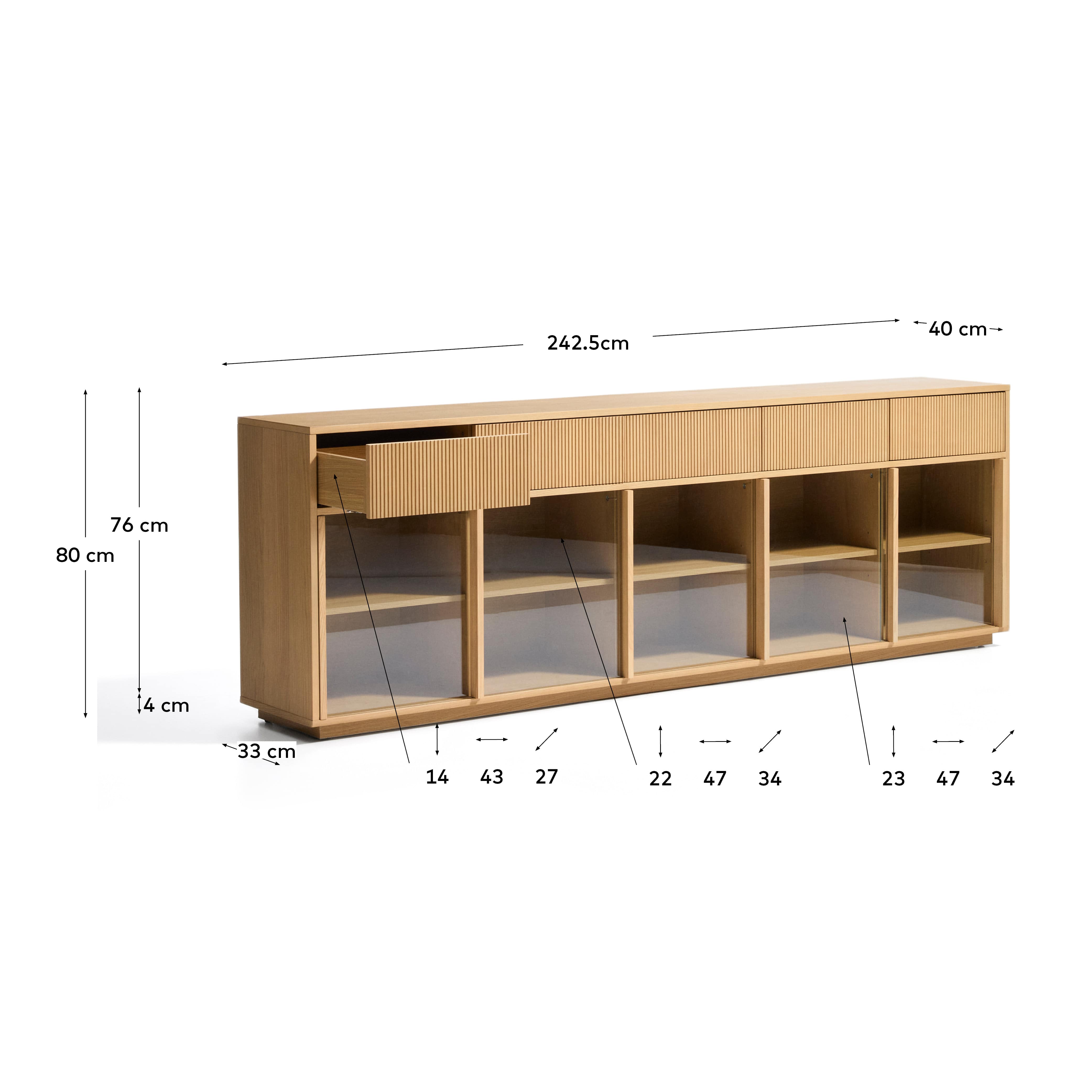 Helvine 5-door, 5-drawer sideboard in oak veneer and tempered glass 242x80cm FSC 100%