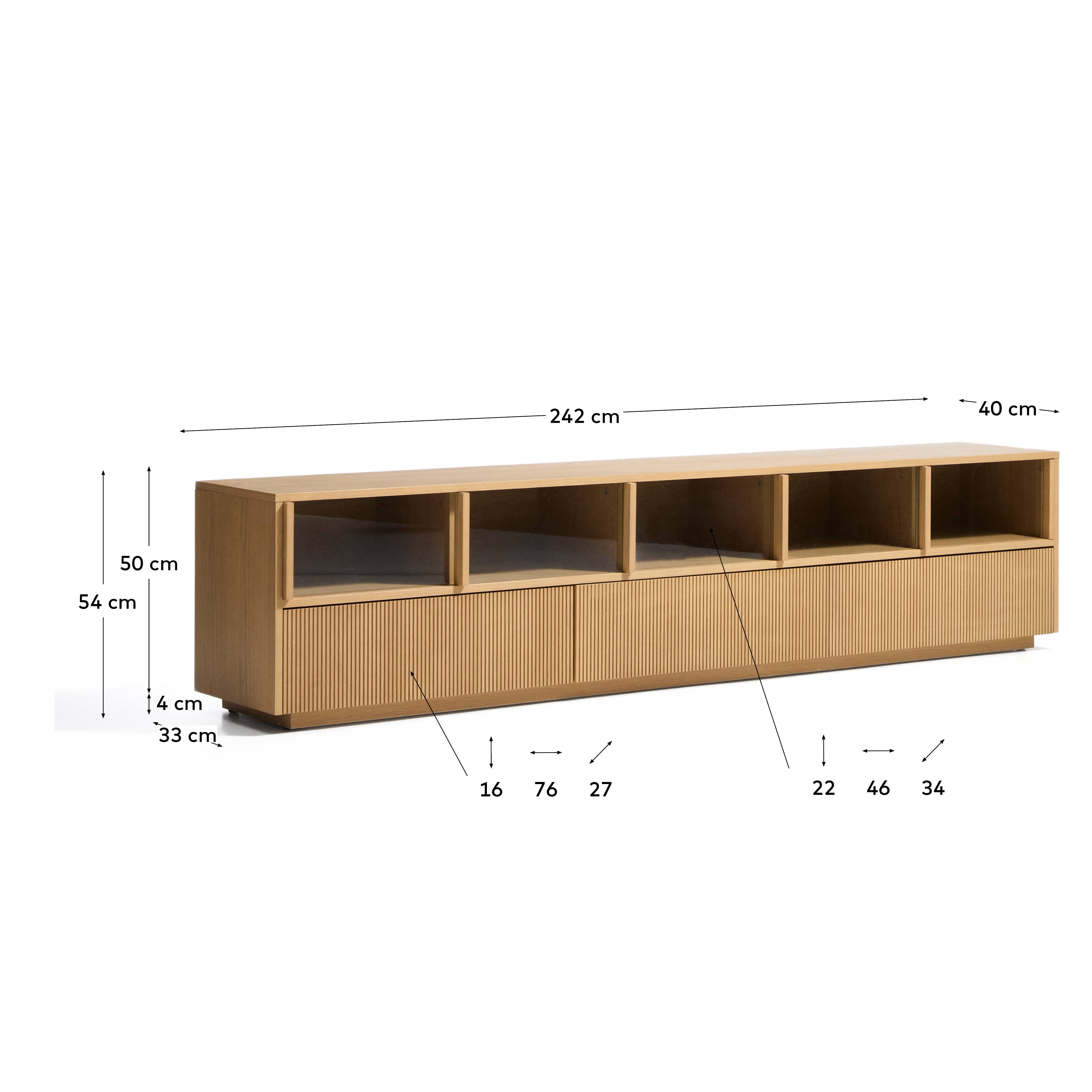 Helvine 5-door, 3-drawer TV stand in oak veneer and tempered glass 242x53,5cm FSC 100%
