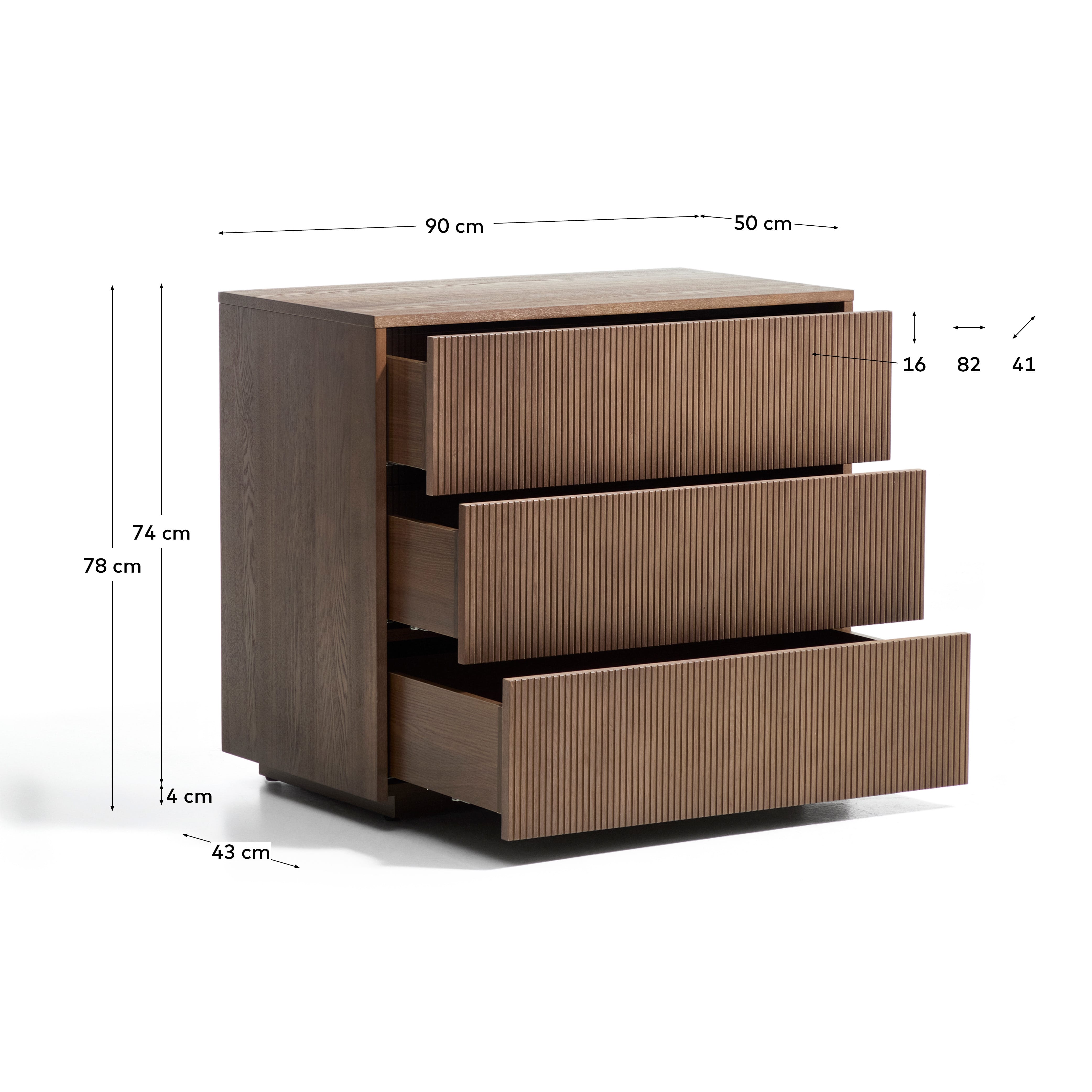 Helvine chest of drawers with 3 drawers in ash veneer with walnut finish 90 x 78cm FSC 100%