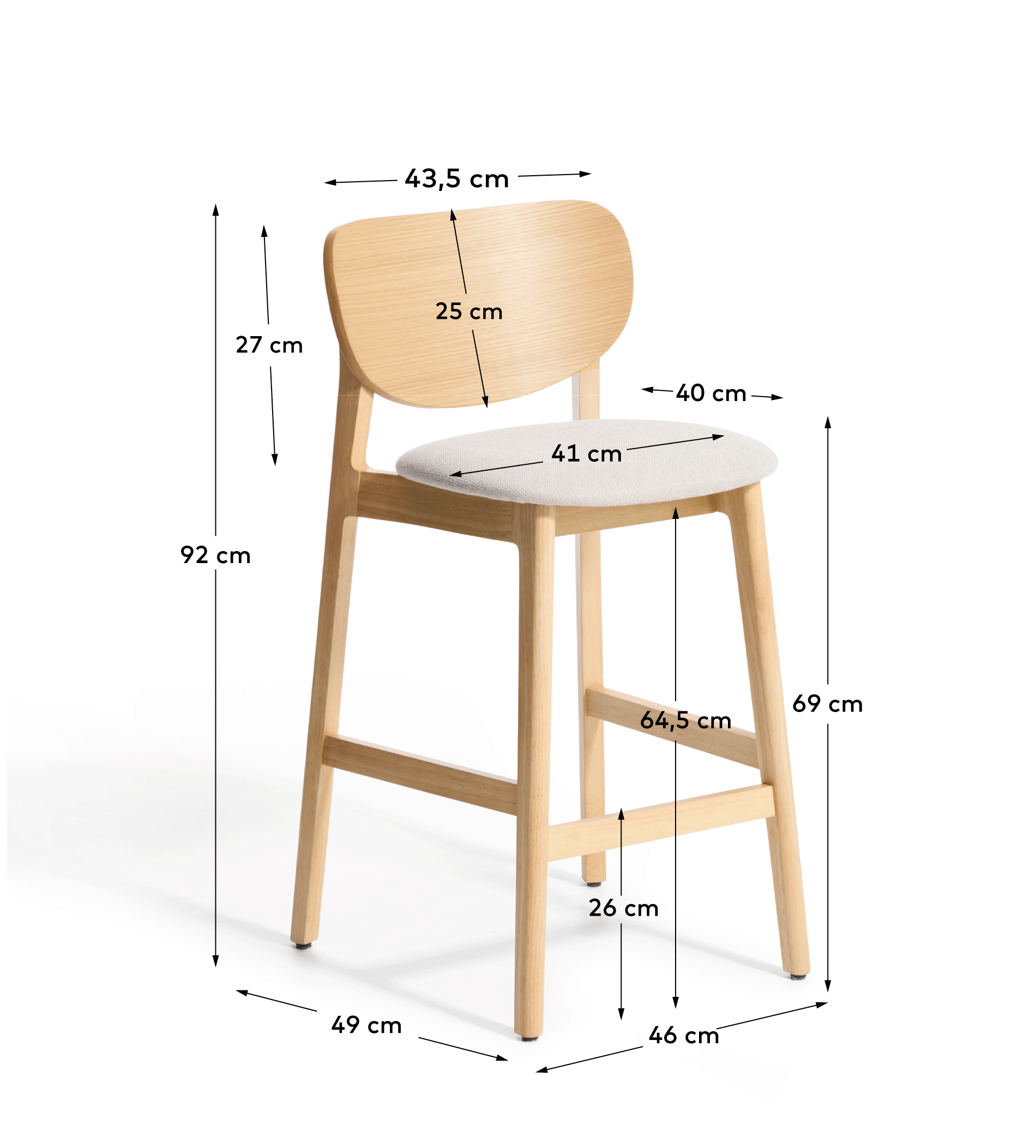 Ludara stool in oak veneer and beige chenille 65cm
