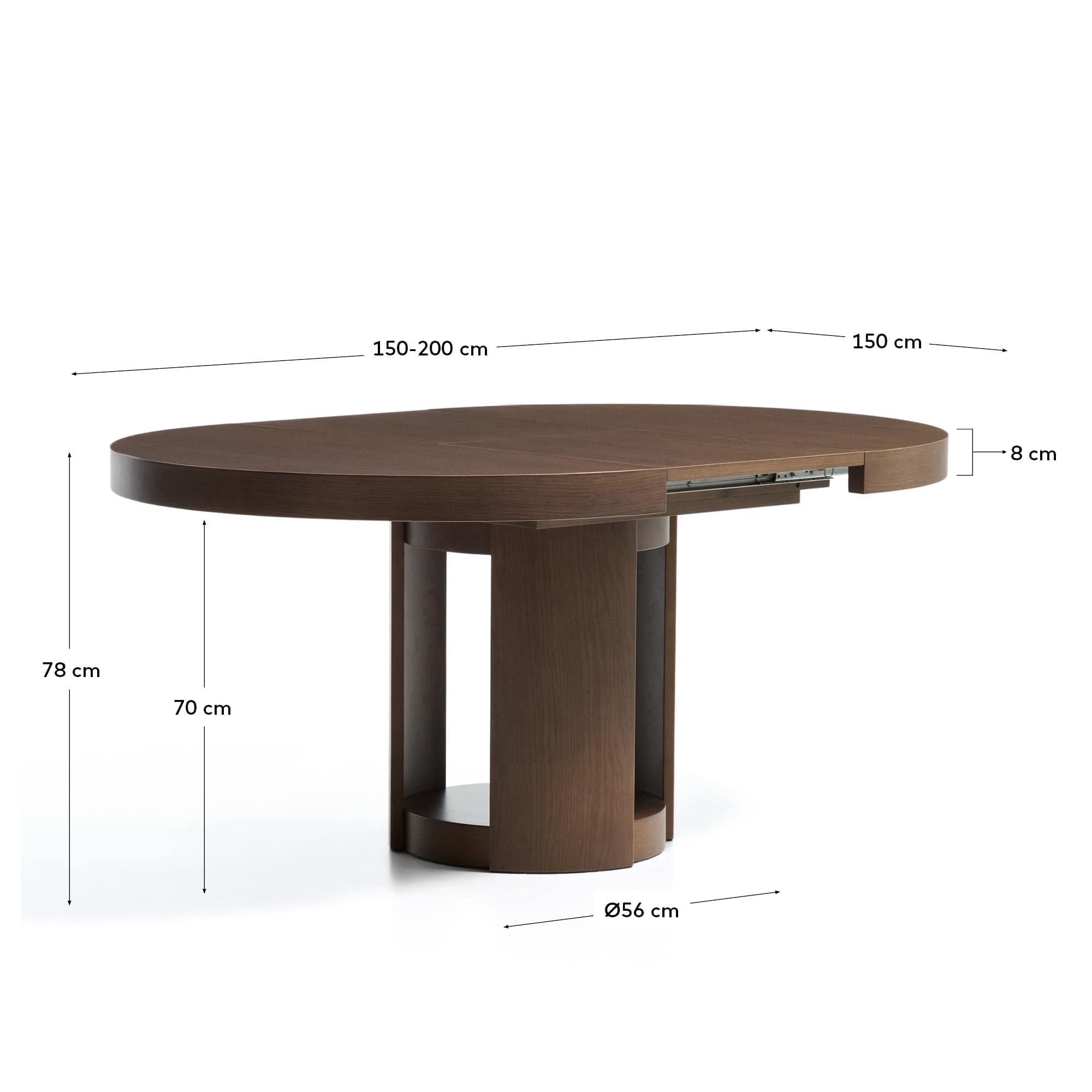 Artis extendable round table in solid wood and oak veneer with a walnut finish, FSC 100%, 150 (200) x 80 cm