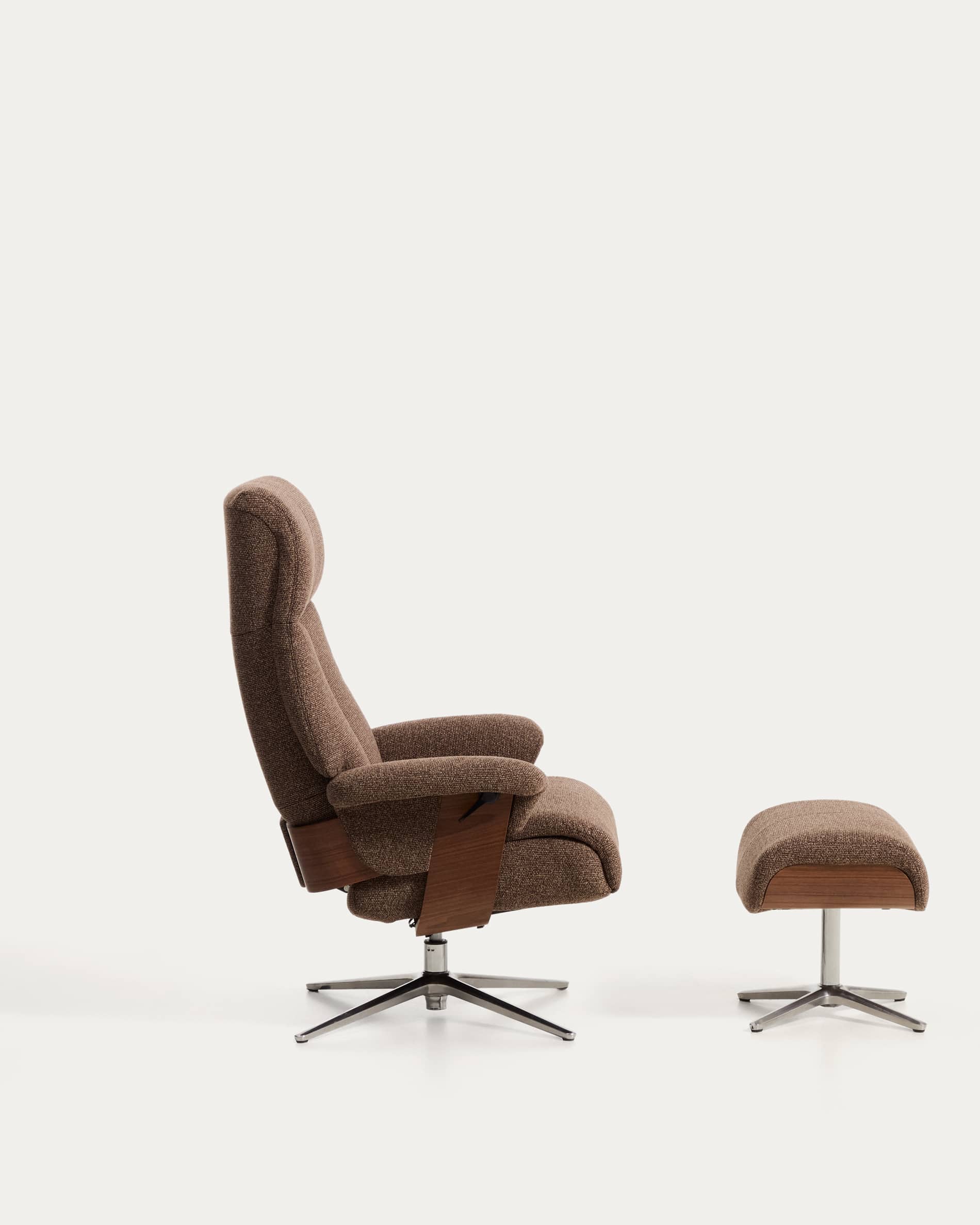 Toriel chocolate brown micro bouclé reclining swivel armchair with footrest and aluminium legs FSC Mix Credit