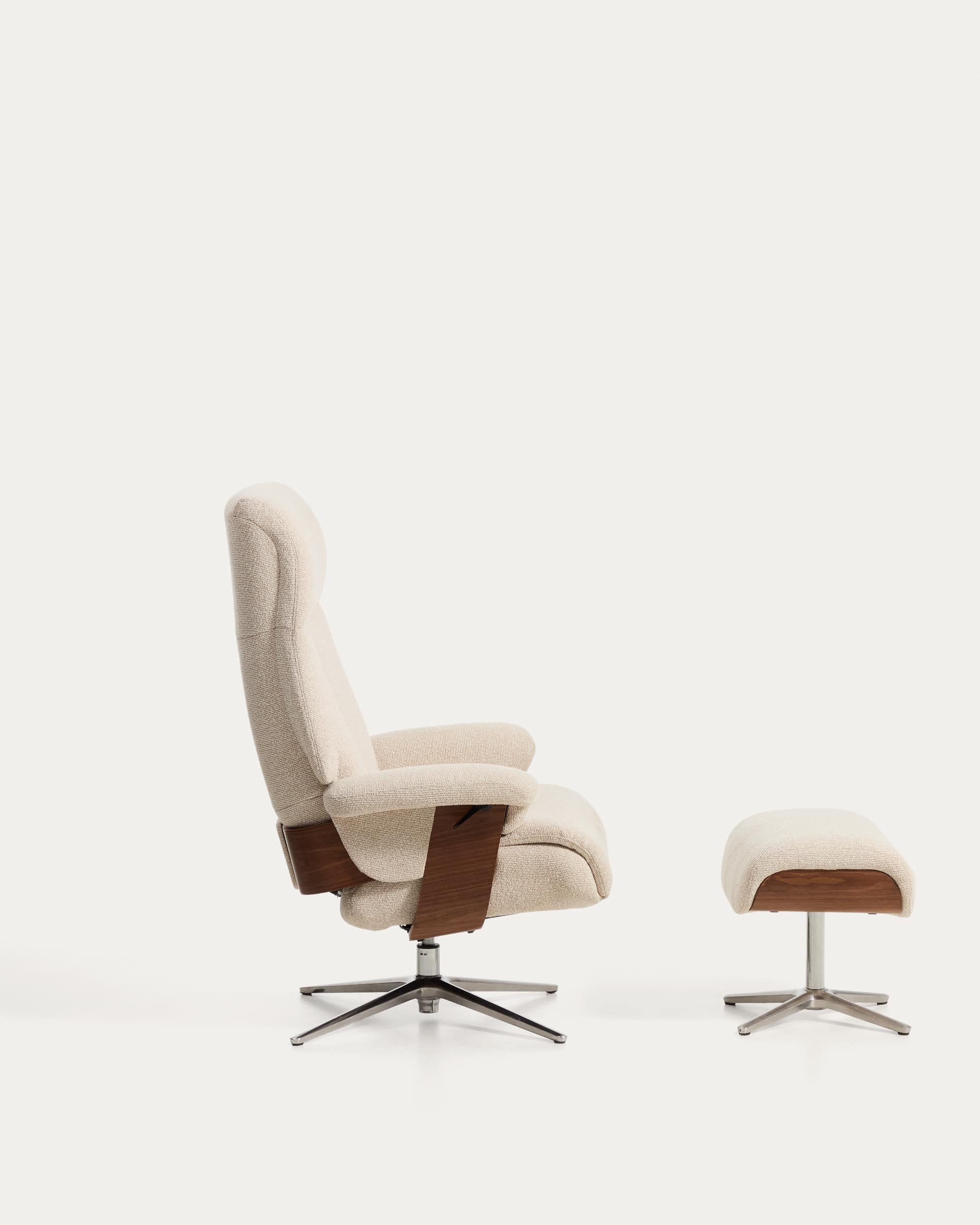 Toriel beige micro bouclé reclining swivel armchair with footrest and aluminium legs FSC Mix Credit