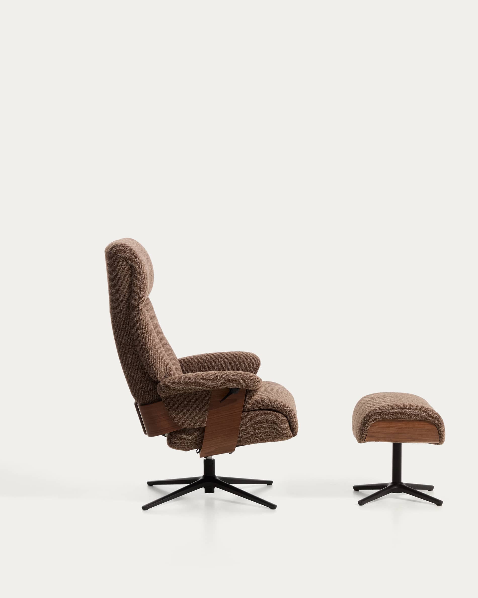Toriel chocolate brown micro bouclé reclining swivel armchair with footrest and black-finish aluminium legs FSC Mix Credit