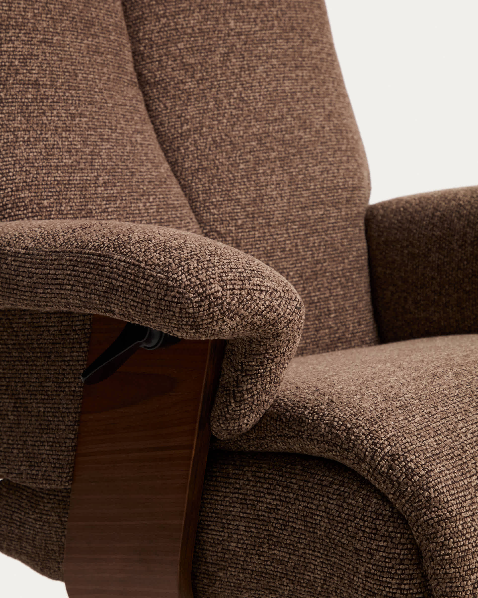 Toriel chocolate brown micro bouclé reclining swivel armchair with footrest and aluminium legs FSC Mix Credit