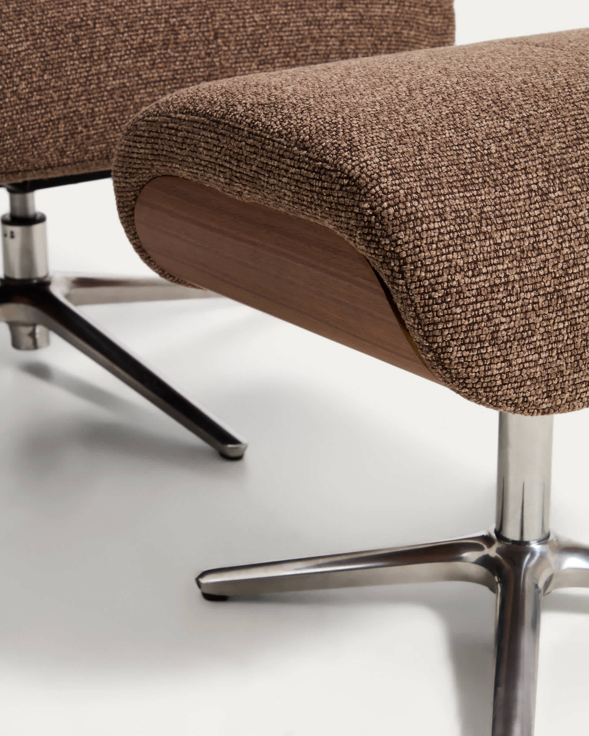 Toriel chocolate brown micro bouclé reclining swivel armchair with footrest and aluminium legs FSC Mix Credit
