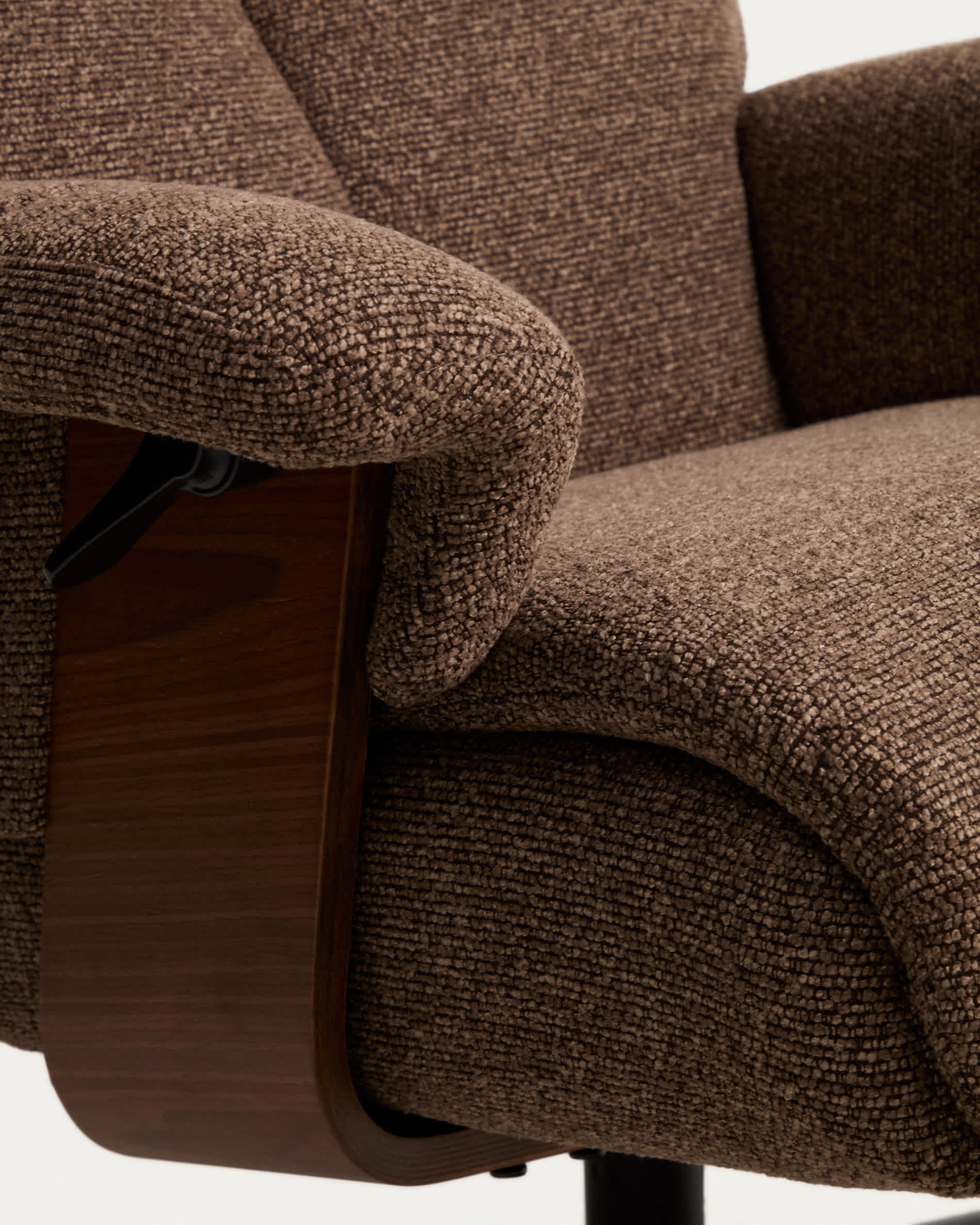 Toriel chocolate brown micro bouclé reclining swivel armchair with footrest and black-finish aluminium legs FSC Mix Credit