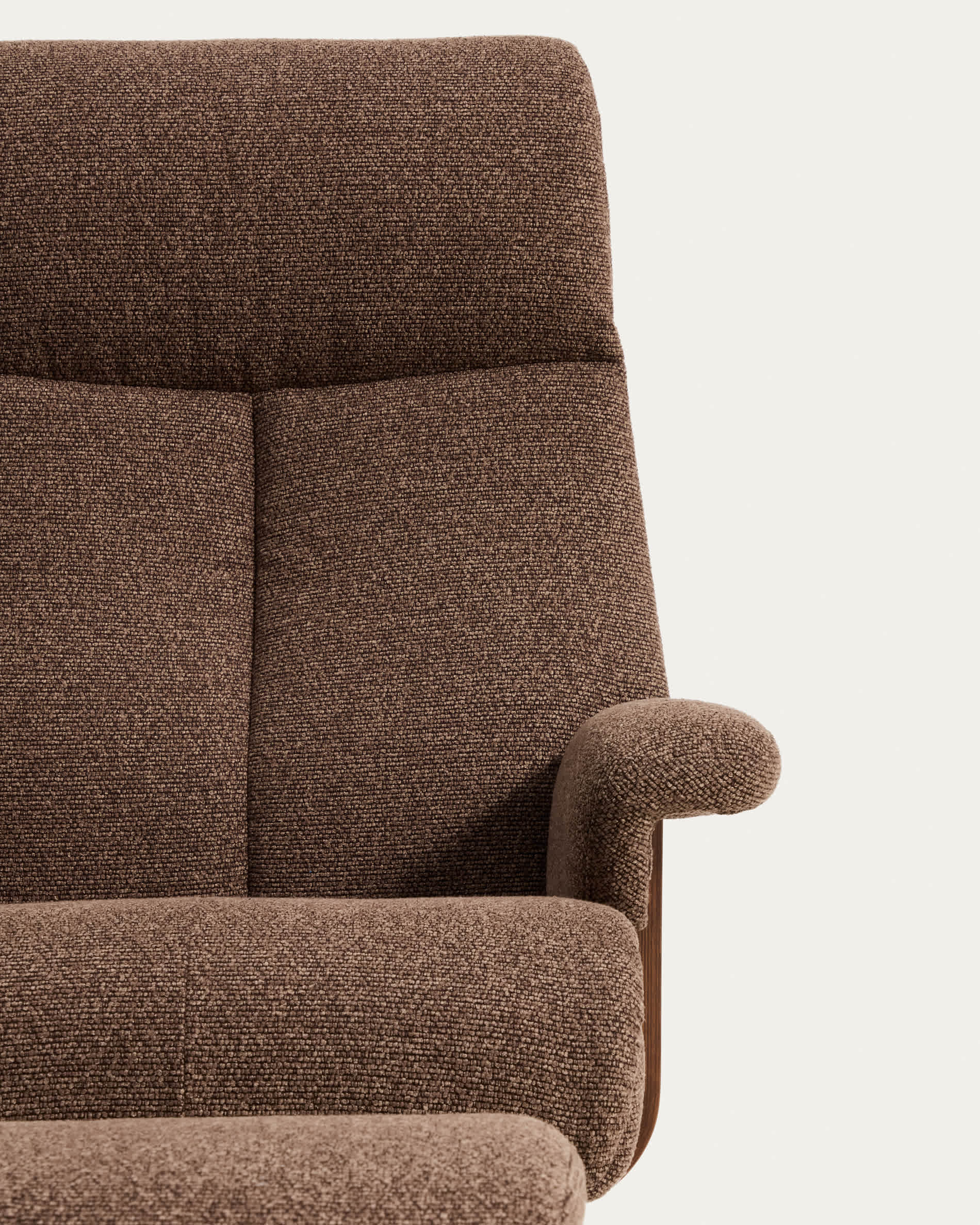 Toriel chocolate brown micro bouclé reclining swivel armchair with footrest and aluminium legs FSC Mix Credit