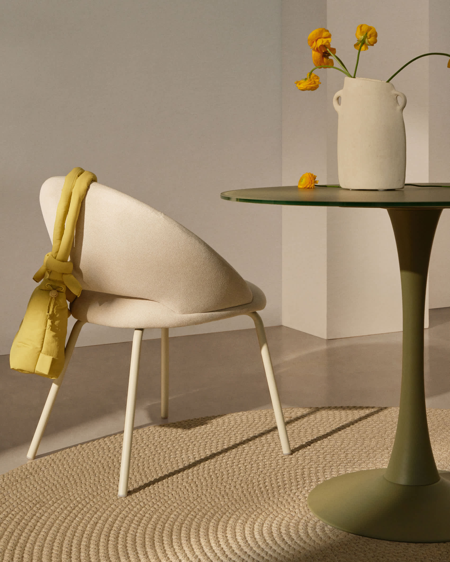 Bonali chair in beige chenille with beige metal legs FSC Mix Credit