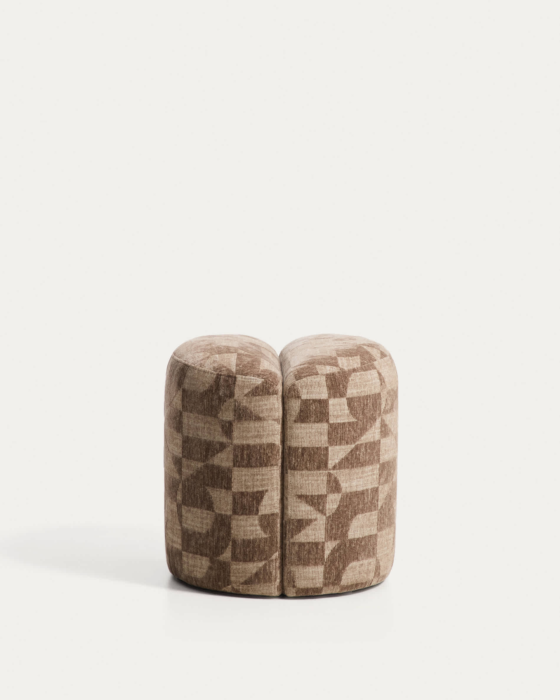 Nedilo round footrest in taupe geometric FSC Mix Credit jacquard fabric
