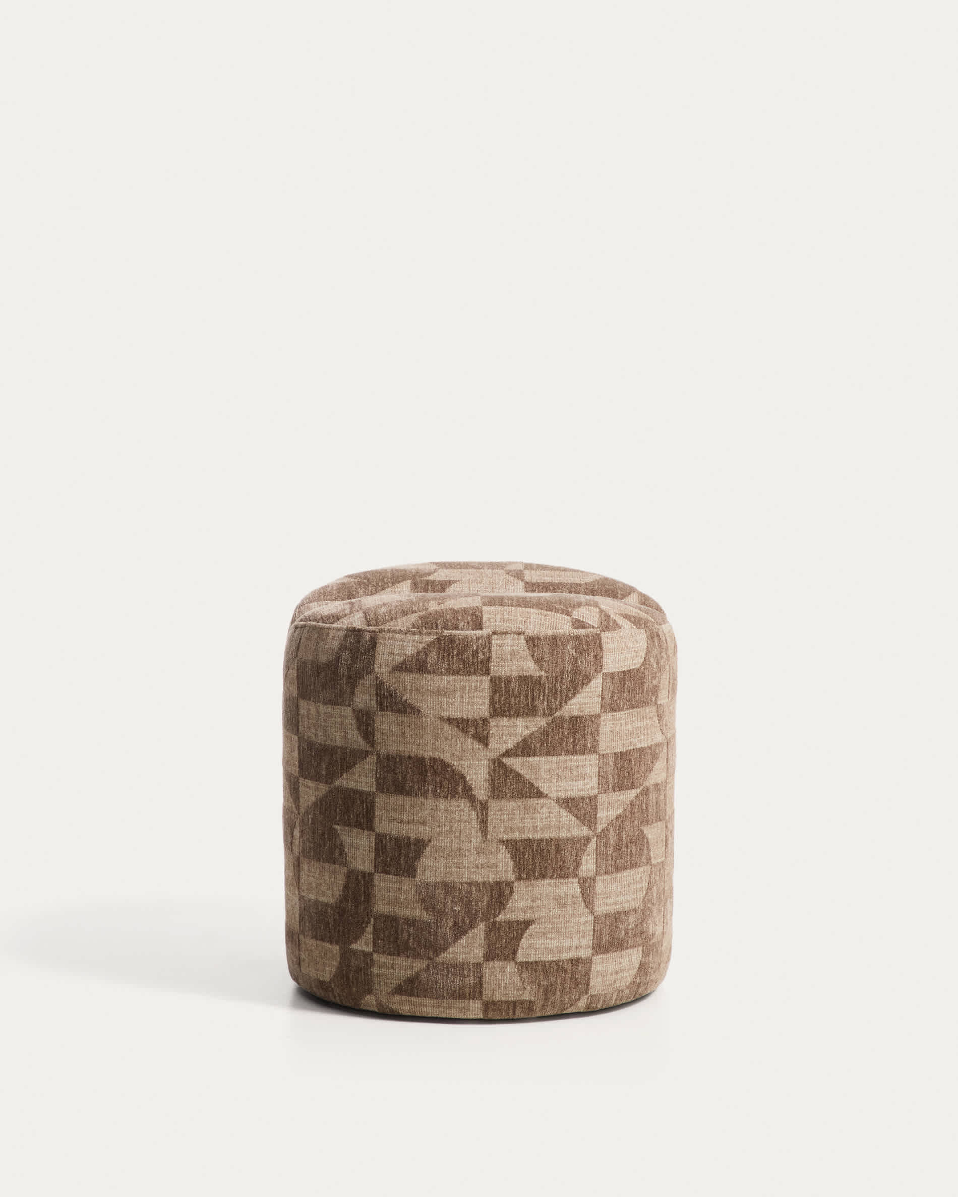 Nedilo round footrest in taupe geometric FSC Mix Credit jacquard fabric