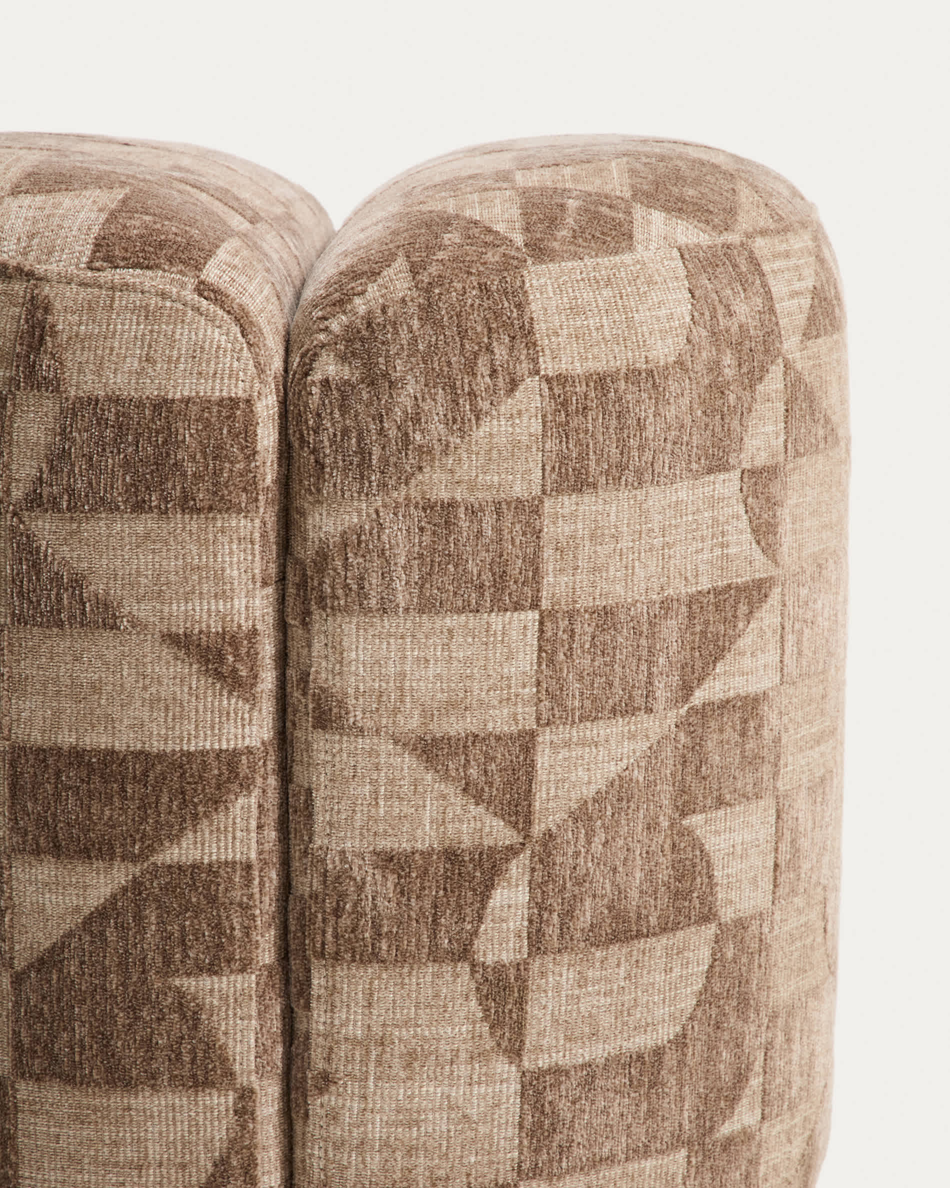 Nedilo round footrest in taupe geometric FSC Mix Credit jacquard fabric