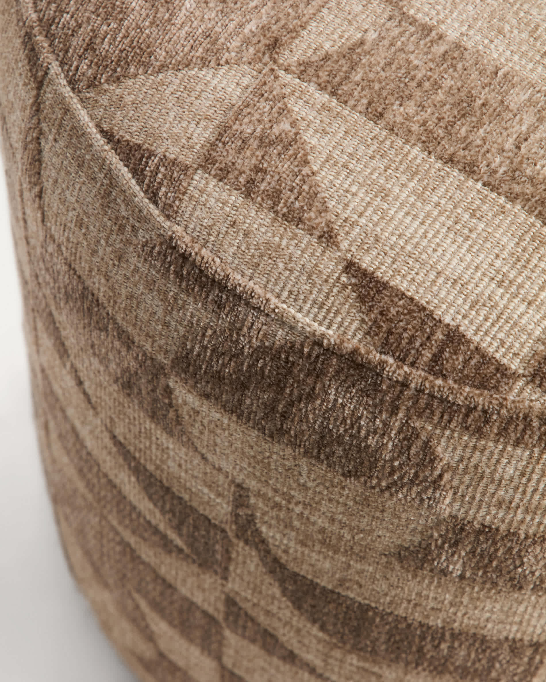 Nedilo round footrest in taupe geometric FSC Mix Credit jacquard fabric