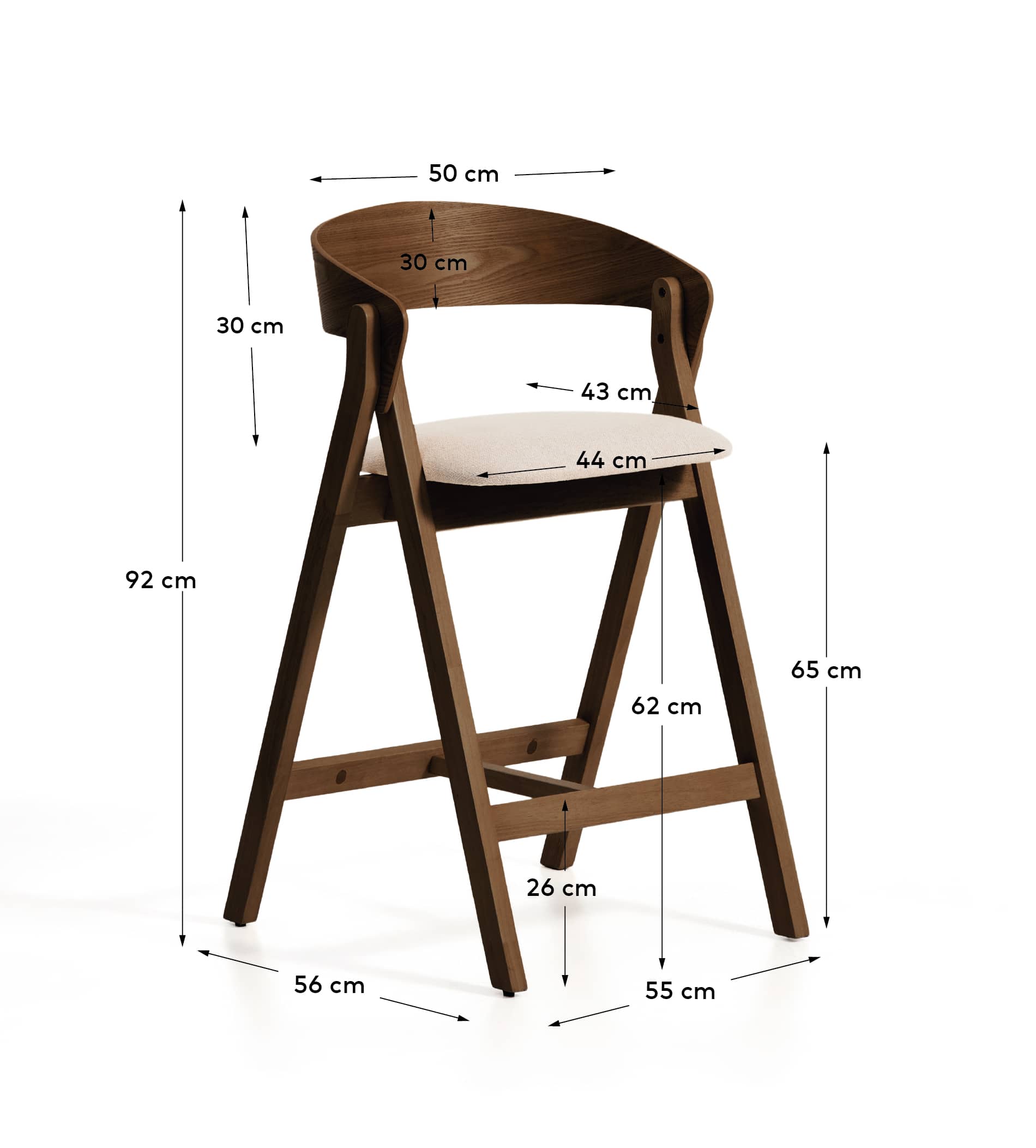 Godia stool in oak veneer with walnut finish and beige chenille