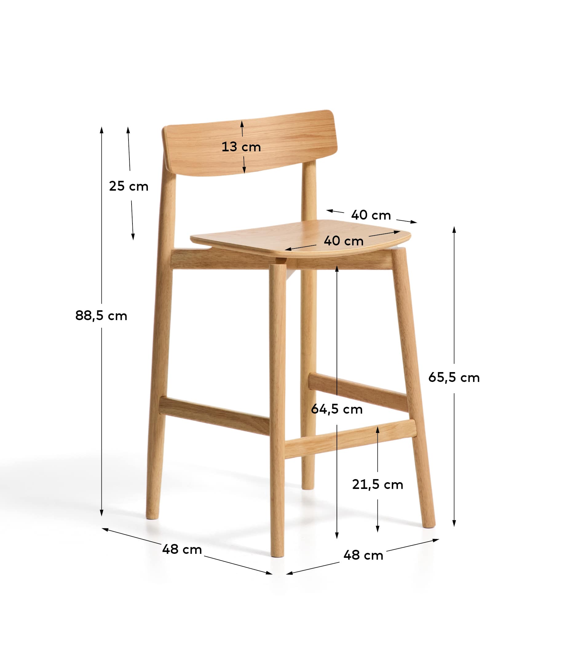 Evera stool with backrest in oak veneer with natural finish 65cm