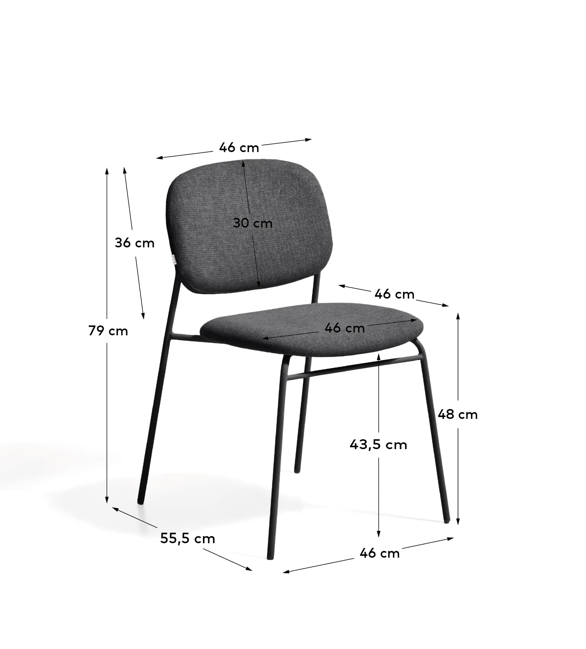 Meli stackable chair in grey chenille with grey metal legs FSC Mix Credit