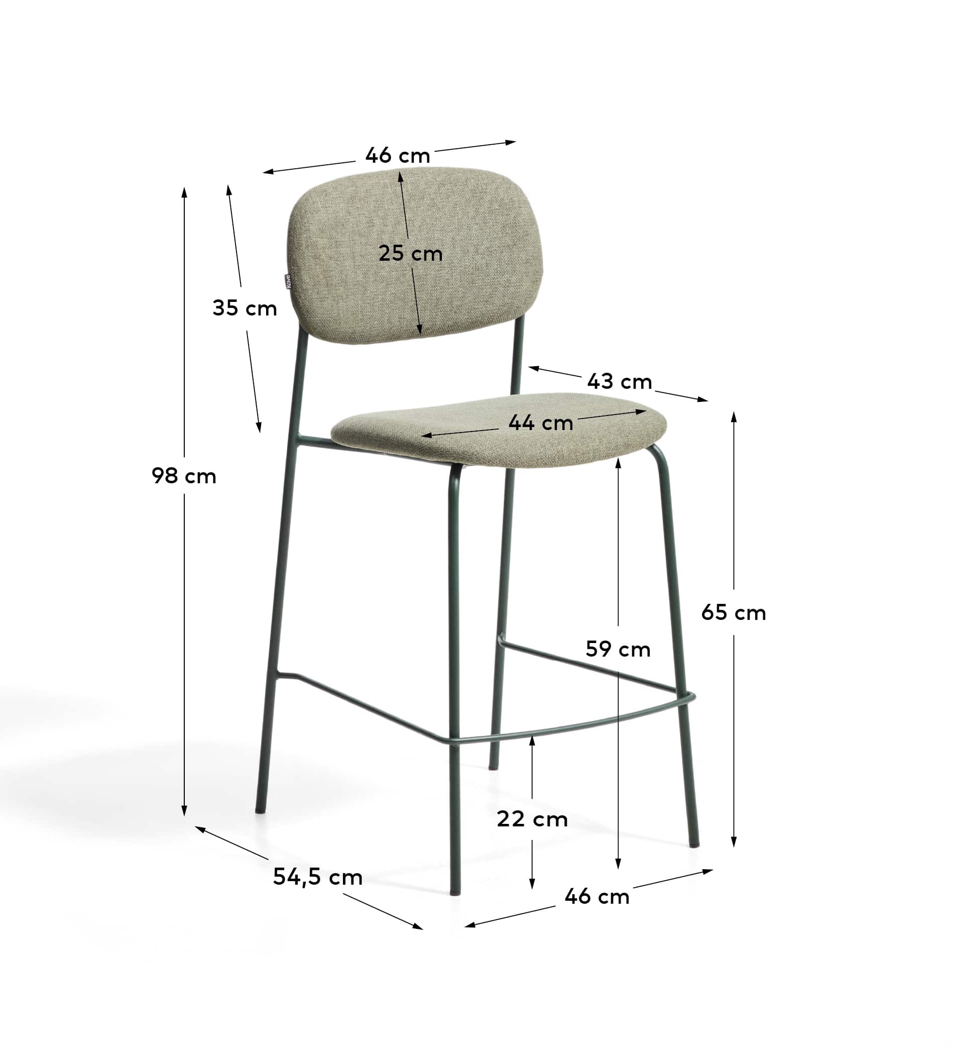 Meli stackable stool in green chenille with green metal legs FSC Mix Credit 65cm