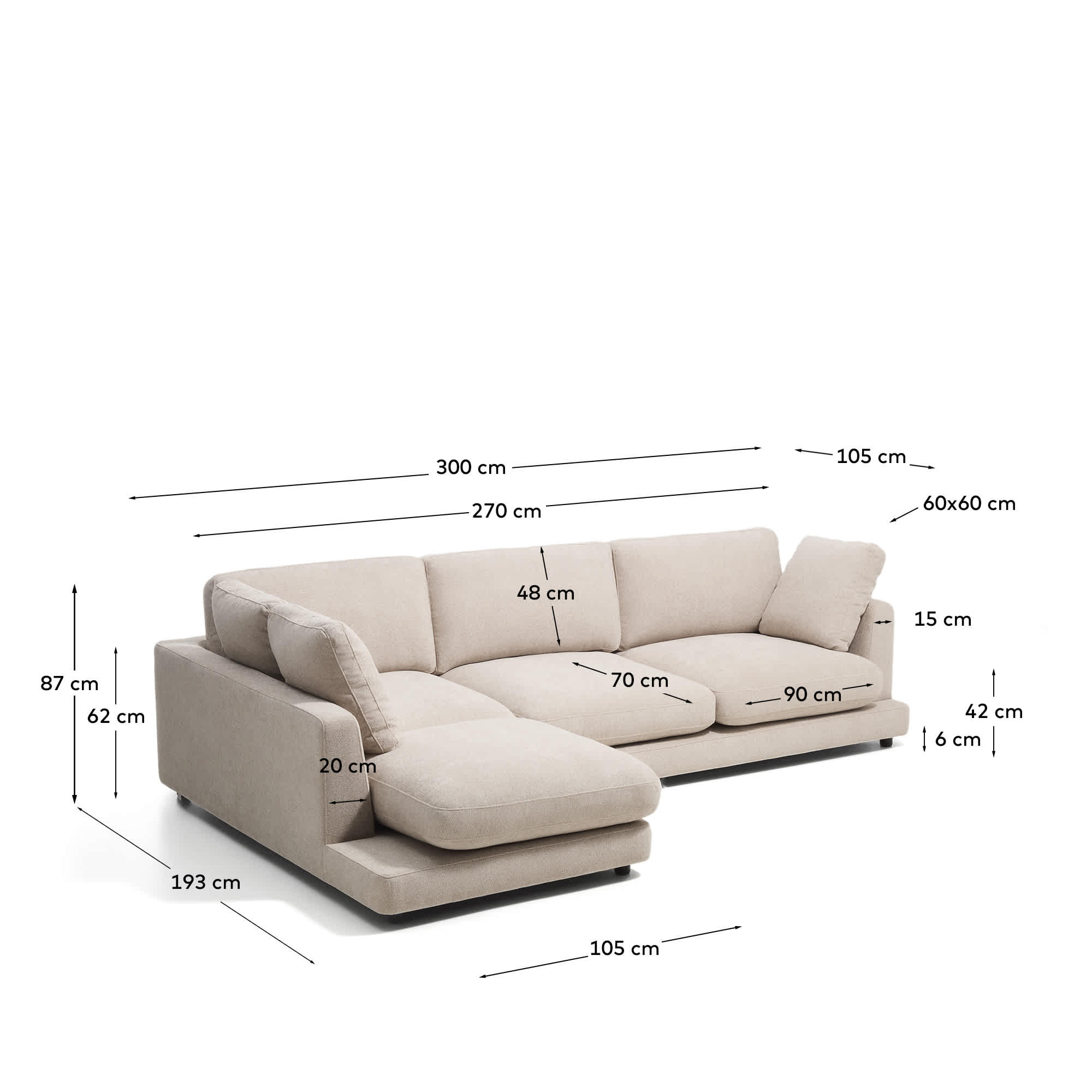 Gala beige 4-seater sofa in micro bouclé with left chaise longue FSC Mix Credit 300cm