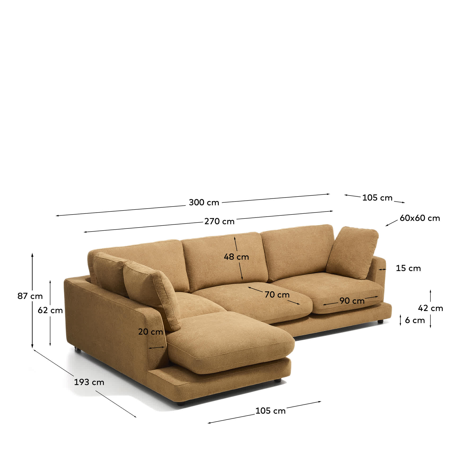Gala mustard 4-seater sofa in micro bouclé with left chaise longue FSC Mix Credit 300cm