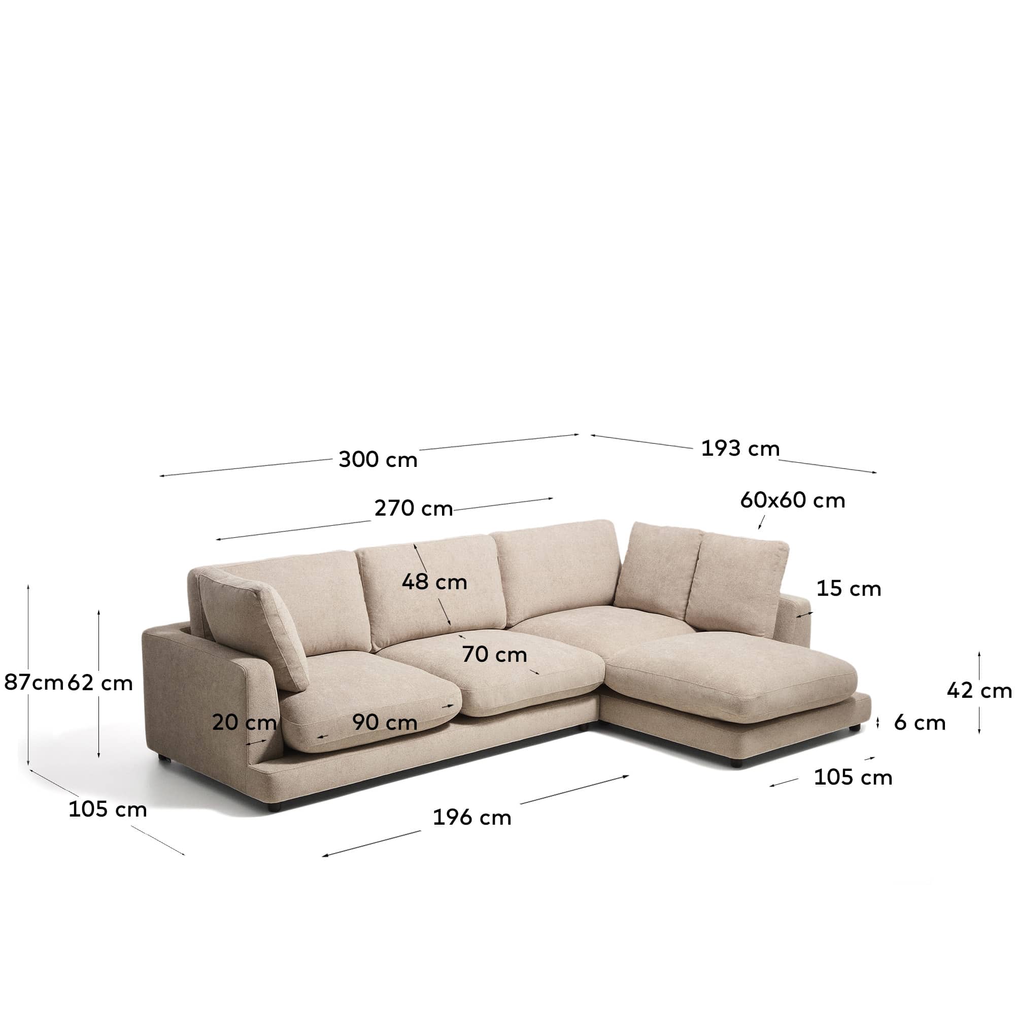 Gala beige 4-seater sofa in micro bouclé with right chaise longue FSC Mix Credit 300cm