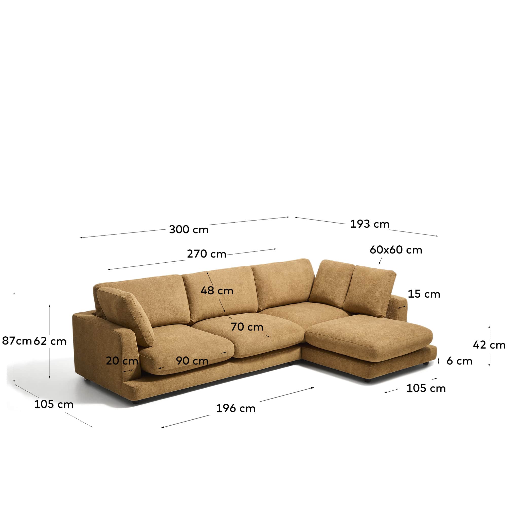 Gala mustard 4-seater sofa in micro bouclé with right chaise longue FSC Mix Credit 300cm
