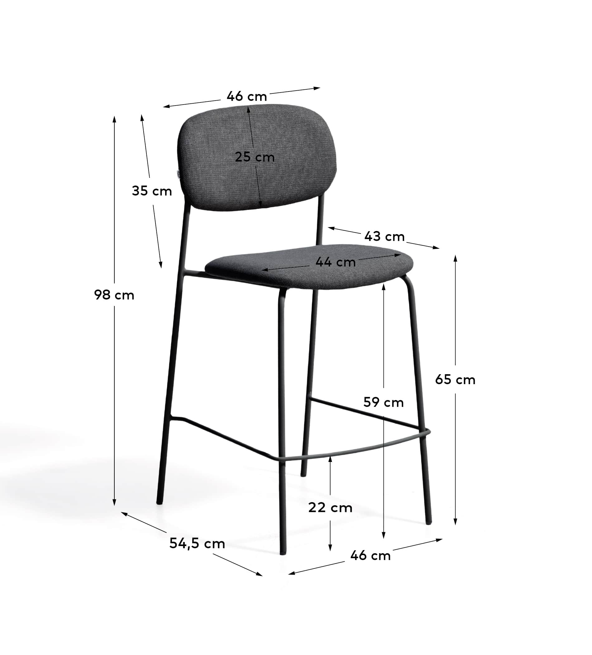 Meli stackable stool in grey chenille with grey metal legs FSC Mix Credit 65cm
