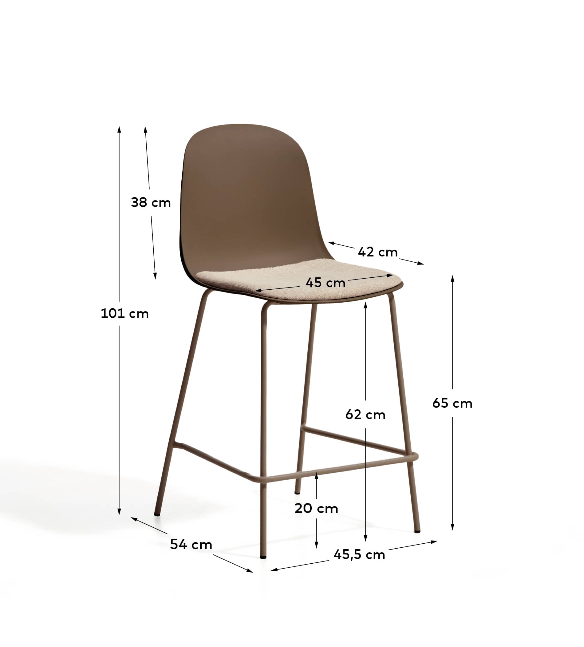 Debari stool with chenille cushion and brown-finish steel legs 65 cm