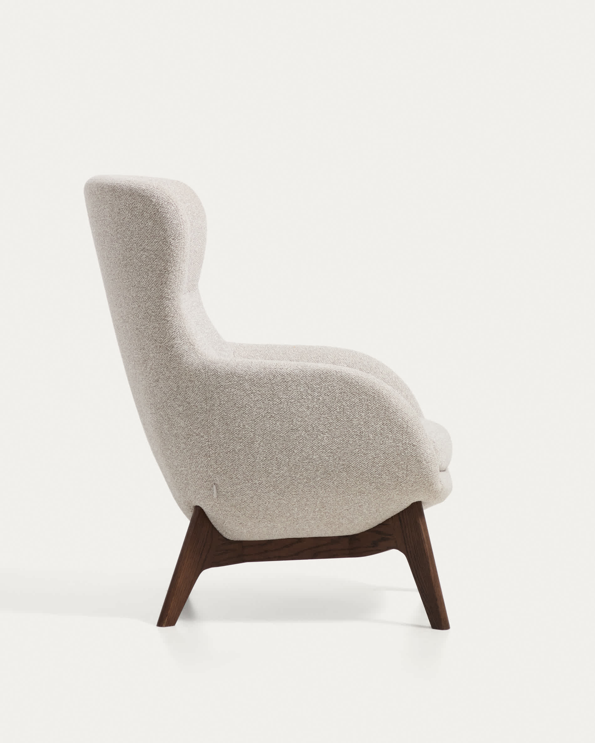 Adiran armchair in beige thick chenille with solid oak wood legs with a walnut finish