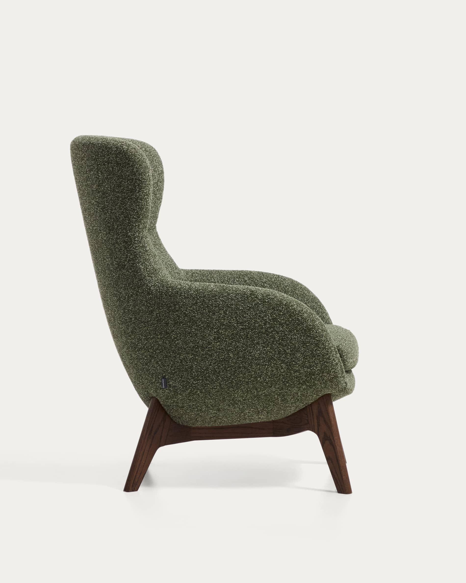 Adiran armchair in moss green thick chenille with solid oak wood legs with a walnut finish