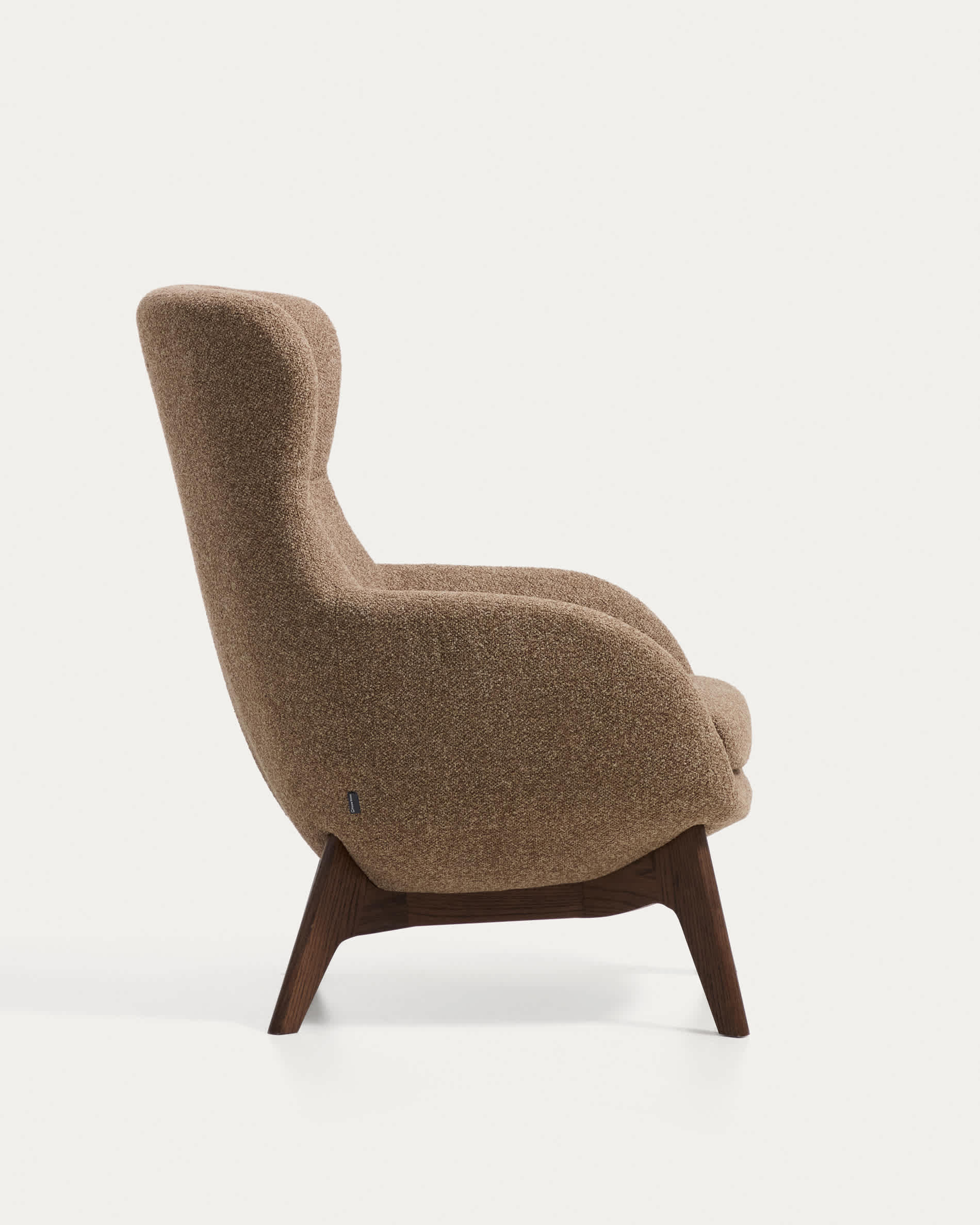 Adiran armchair in light brown thick chenille with solid oak wood legs with a walnut finish