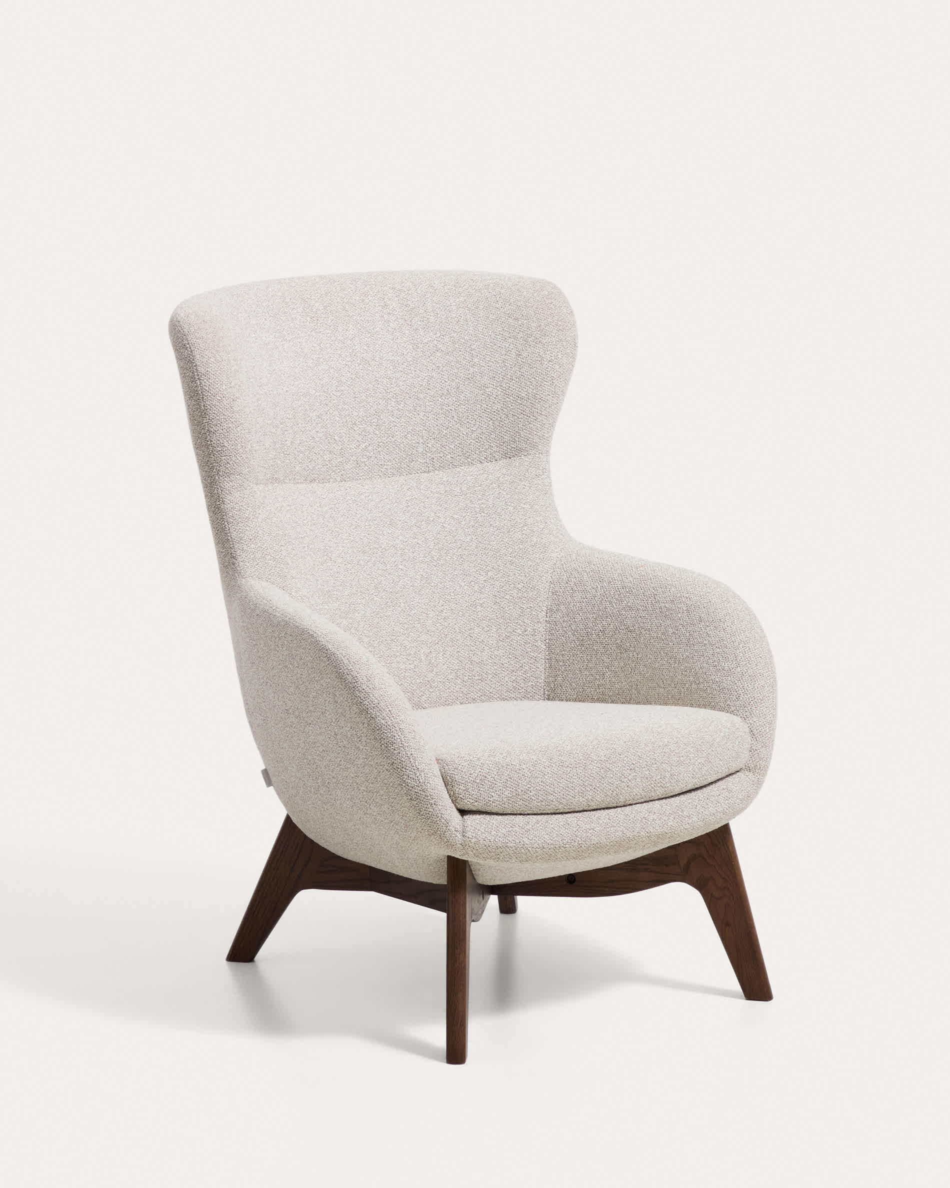 Adiran armchair in beige thick chenille with solid oak wood legs with a walnut finish