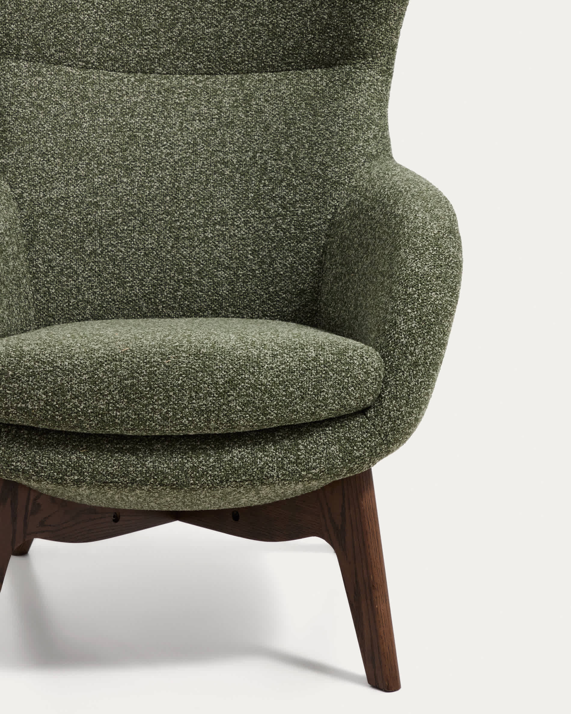 Adiran armchair in moss green thick chenille with solid oak wood legs with a walnut finish