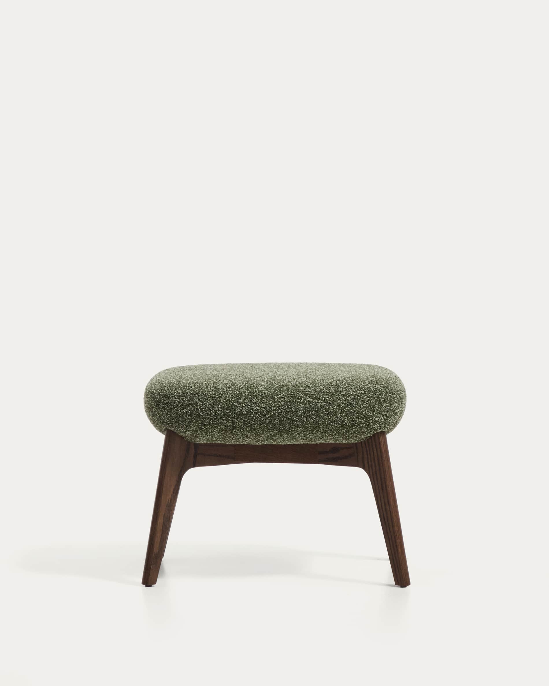 Adiran footrest in moss green thick chenille with solid oak wood legs with a walnut finish