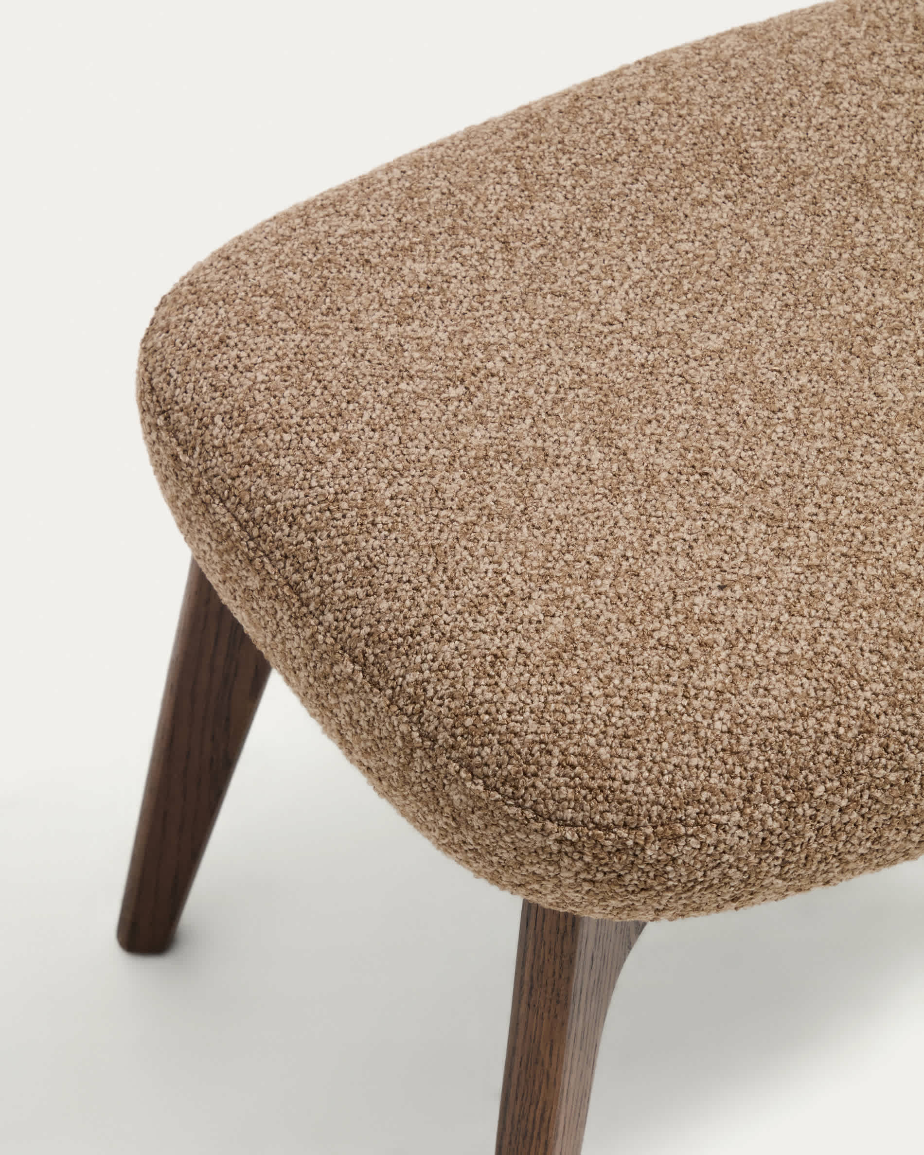 Adiran footrest in light brown thick chenille with solid oak wood legs with a walnut finish