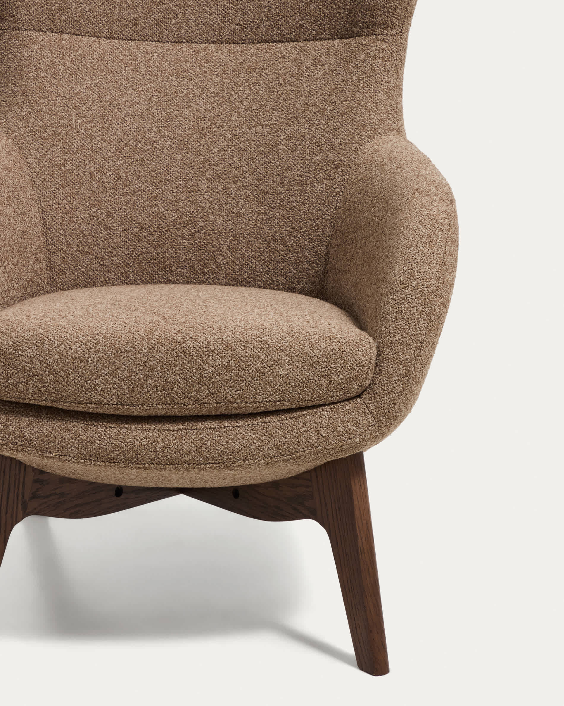 Adiran armchair in light brown thick chenille with solid oak wood legs with a walnut finish