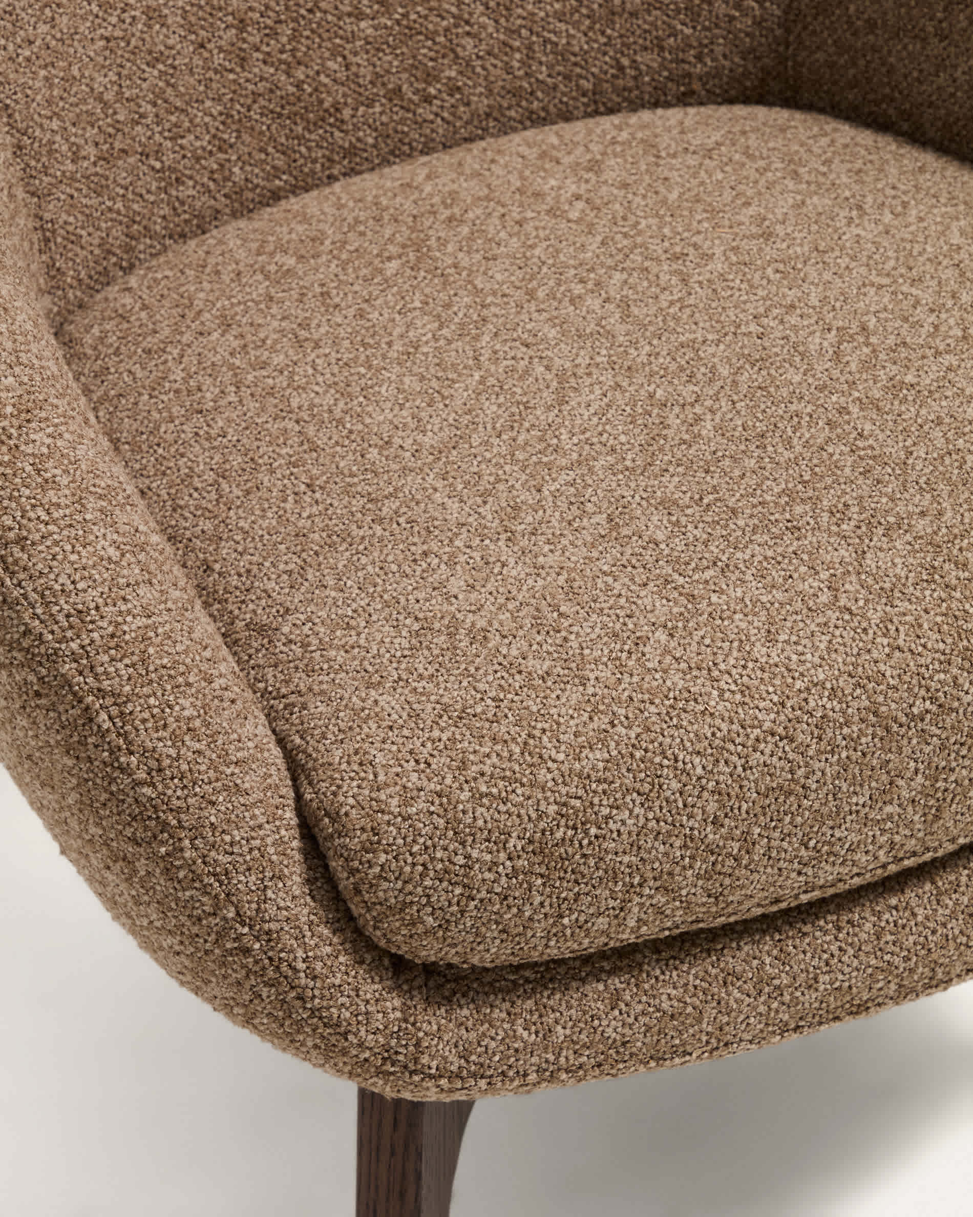 Adiran armchair in light brown thick chenille with solid oak wood legs with a walnut finish