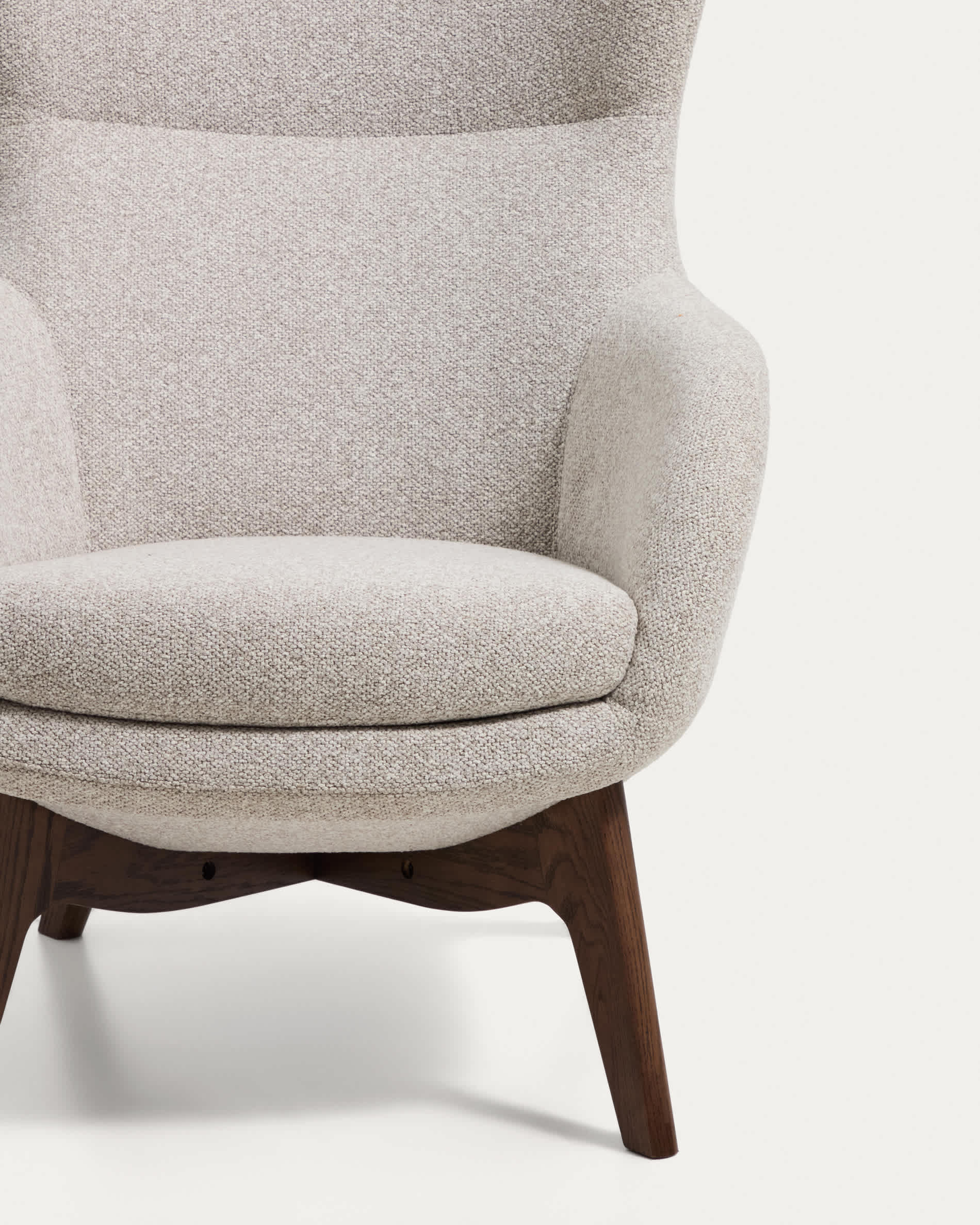 Adiran armchair in beige thick chenille with solid oak wood legs with a walnut finish