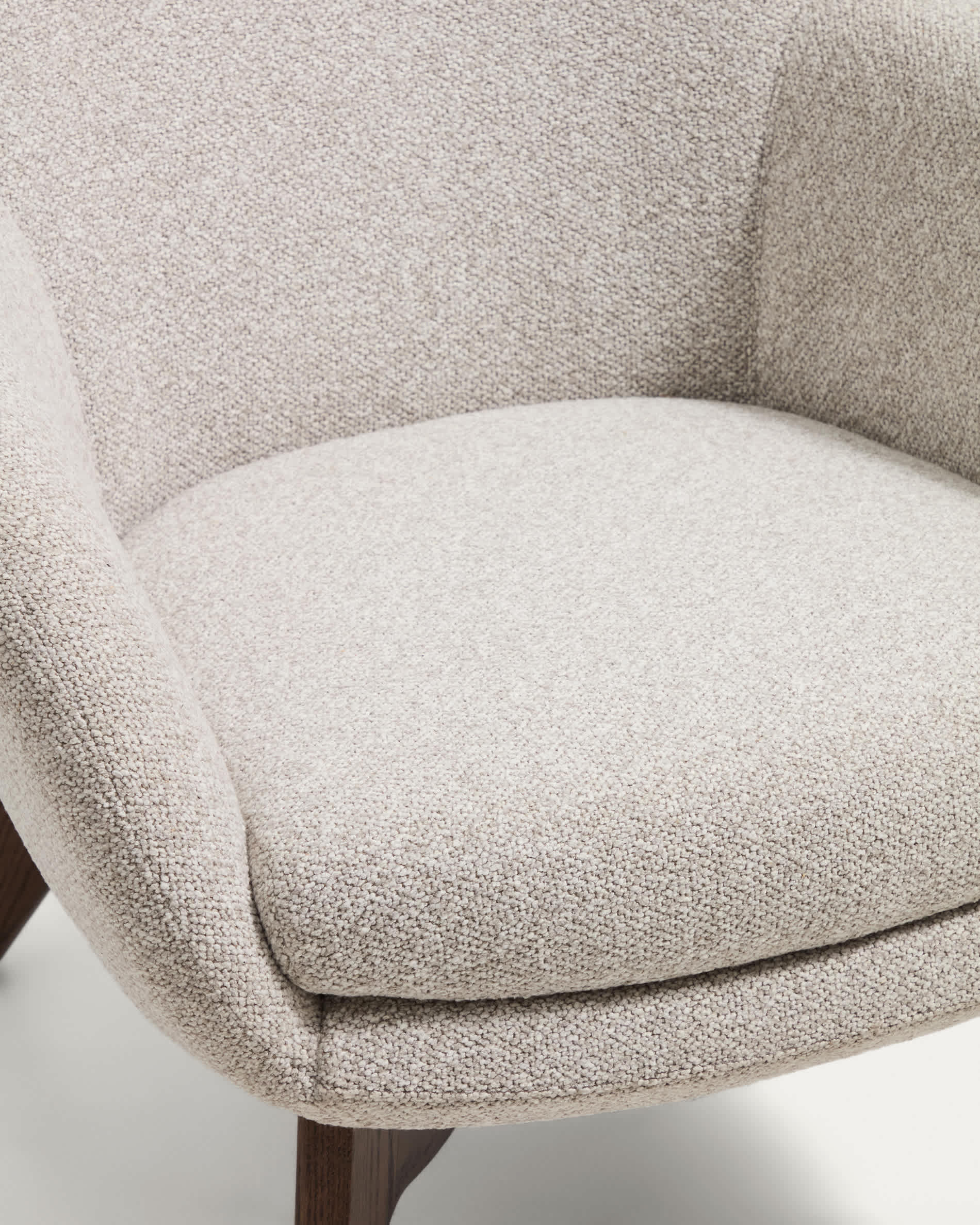 Adiran armchair in beige thick chenille with solid oak wood legs with a walnut finish