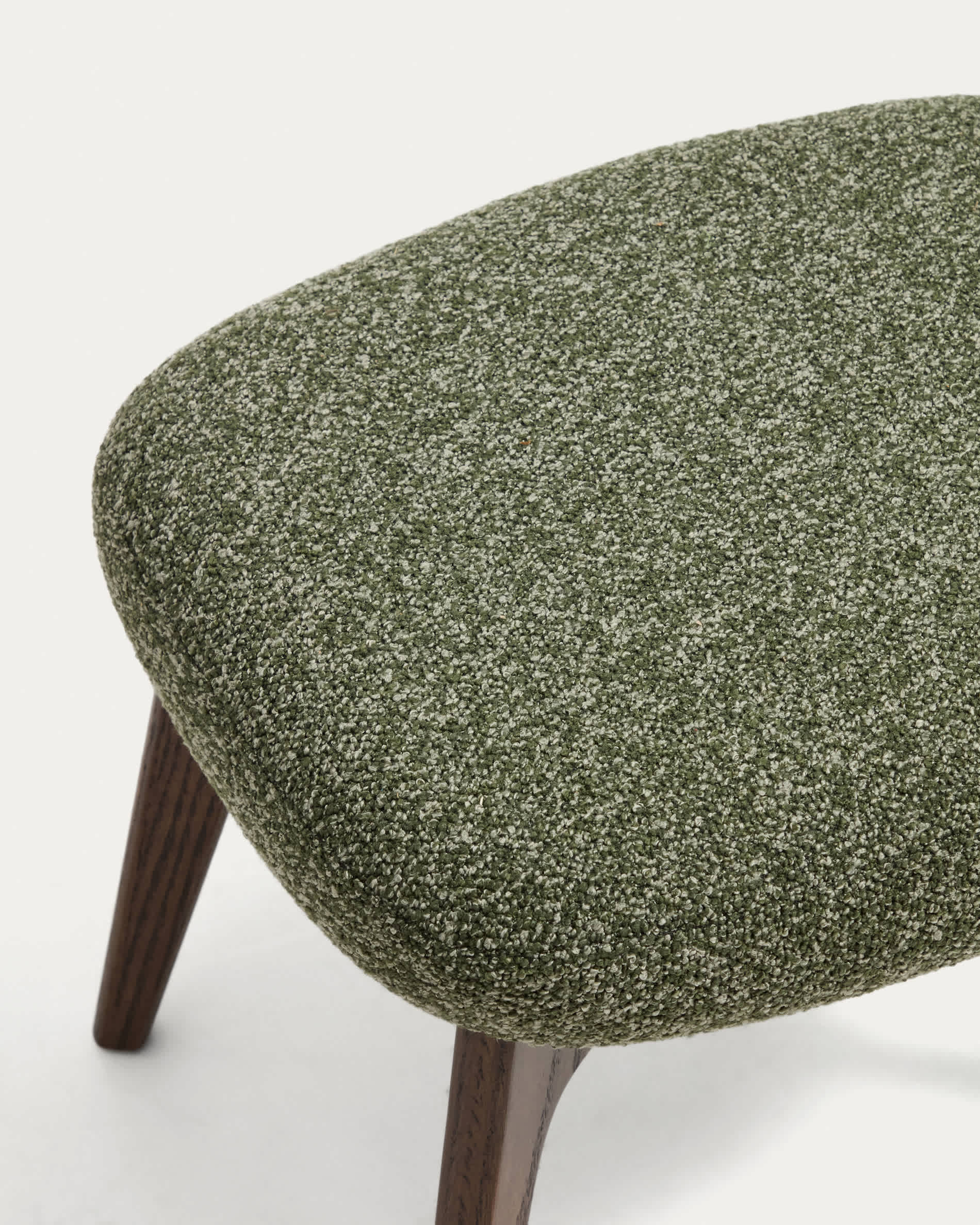 Adiran footrest in moss green thick chenille with solid oak wood legs with a walnut finish