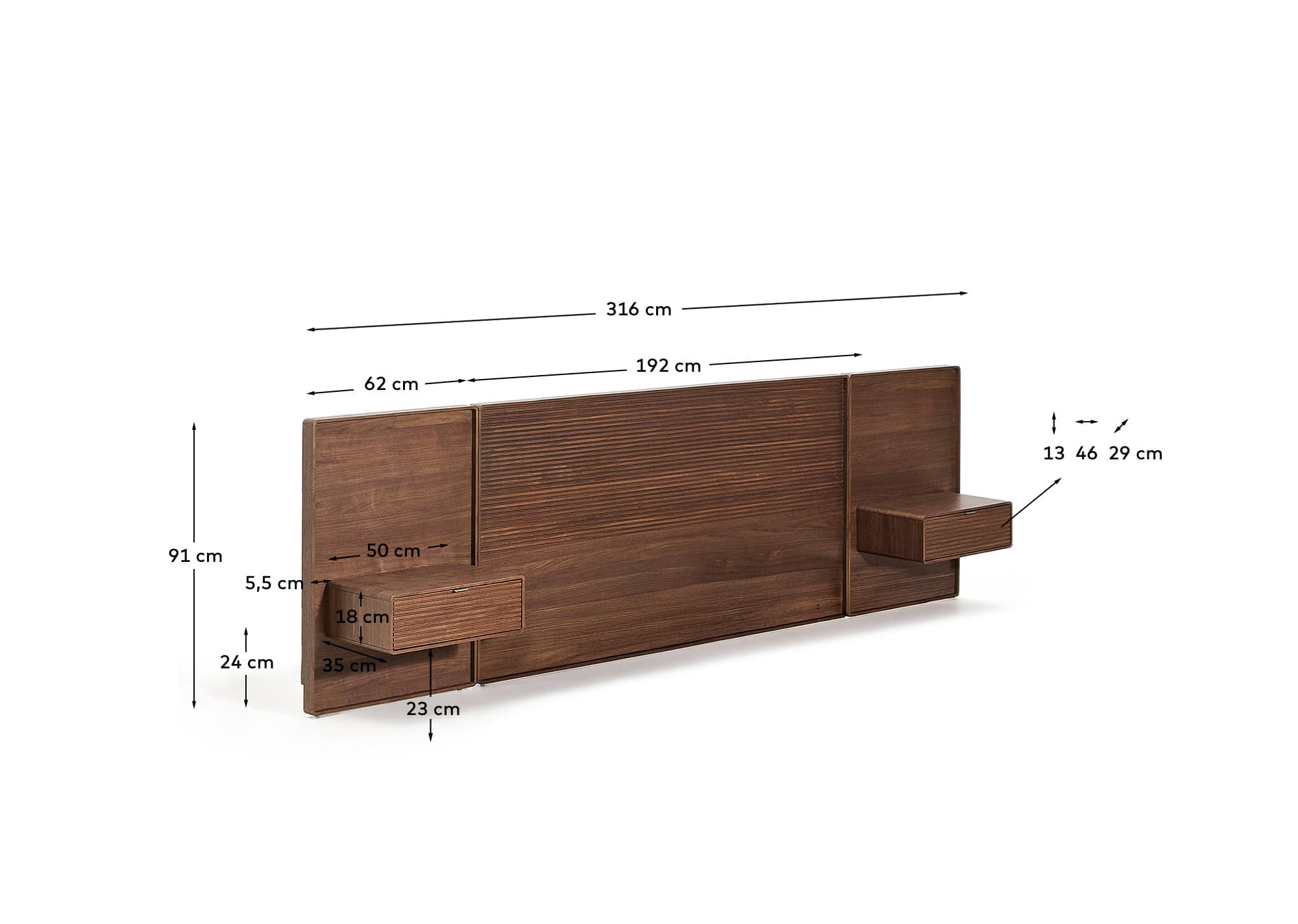 Norlen headboard with 2 bedside tables in walnut veneer with a dark finish and LED light for beds up to 180cm FSC Mix Credit