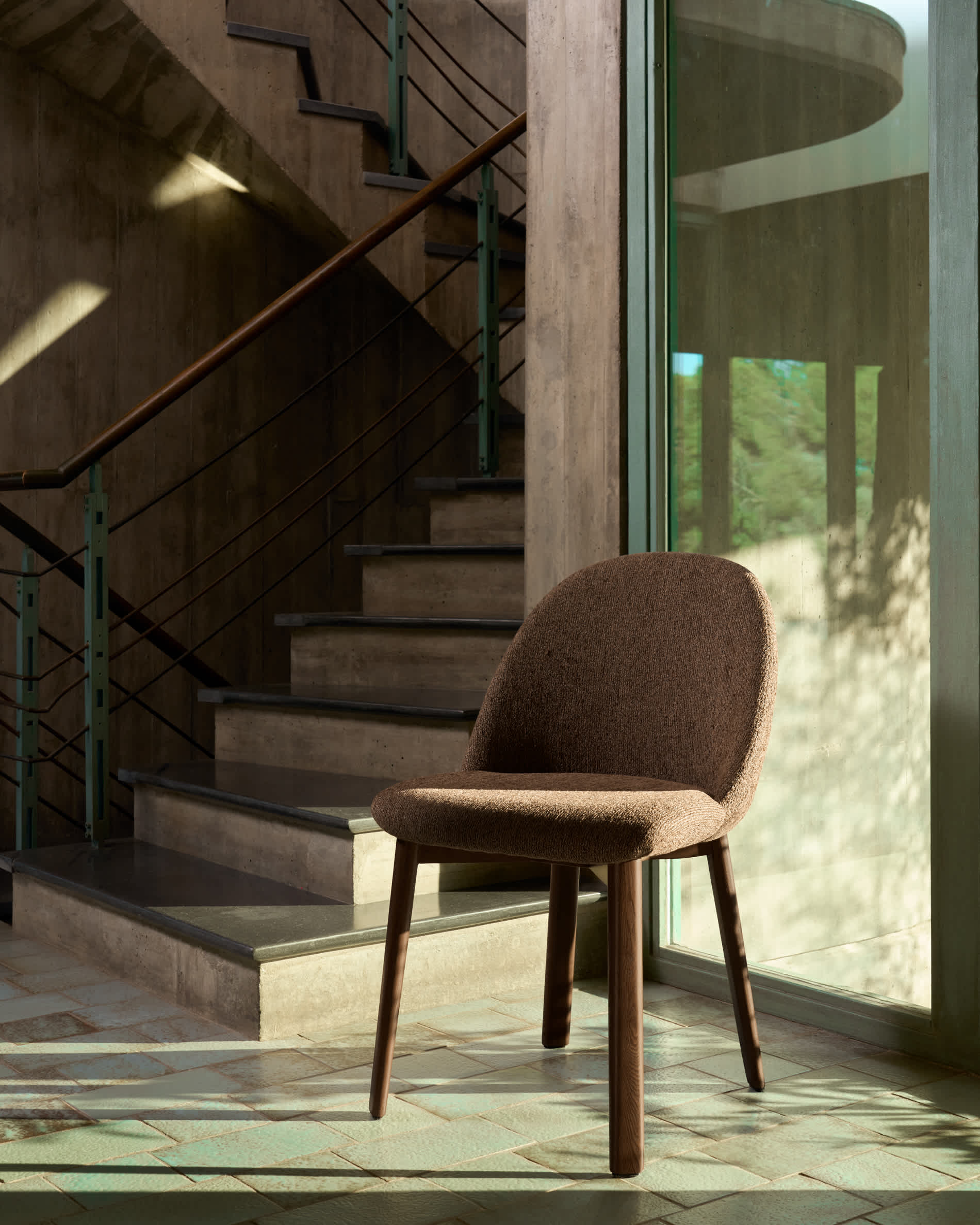 Meila chair in terracotta chenille with legs in solid ash wood with walnut finish