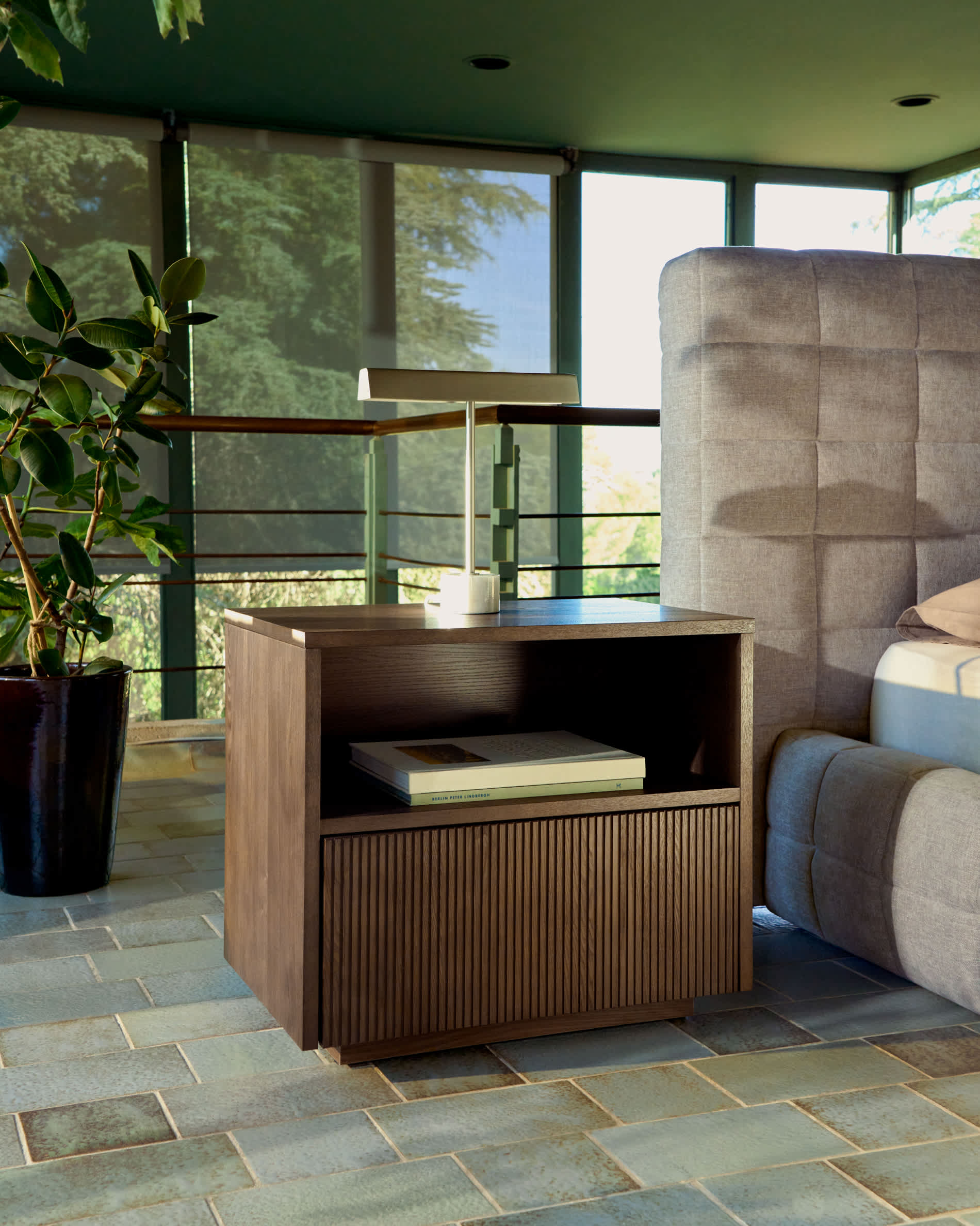 Helvine bedside table in ash veneer with walnut finish 60 x 52cm FSC 100%
