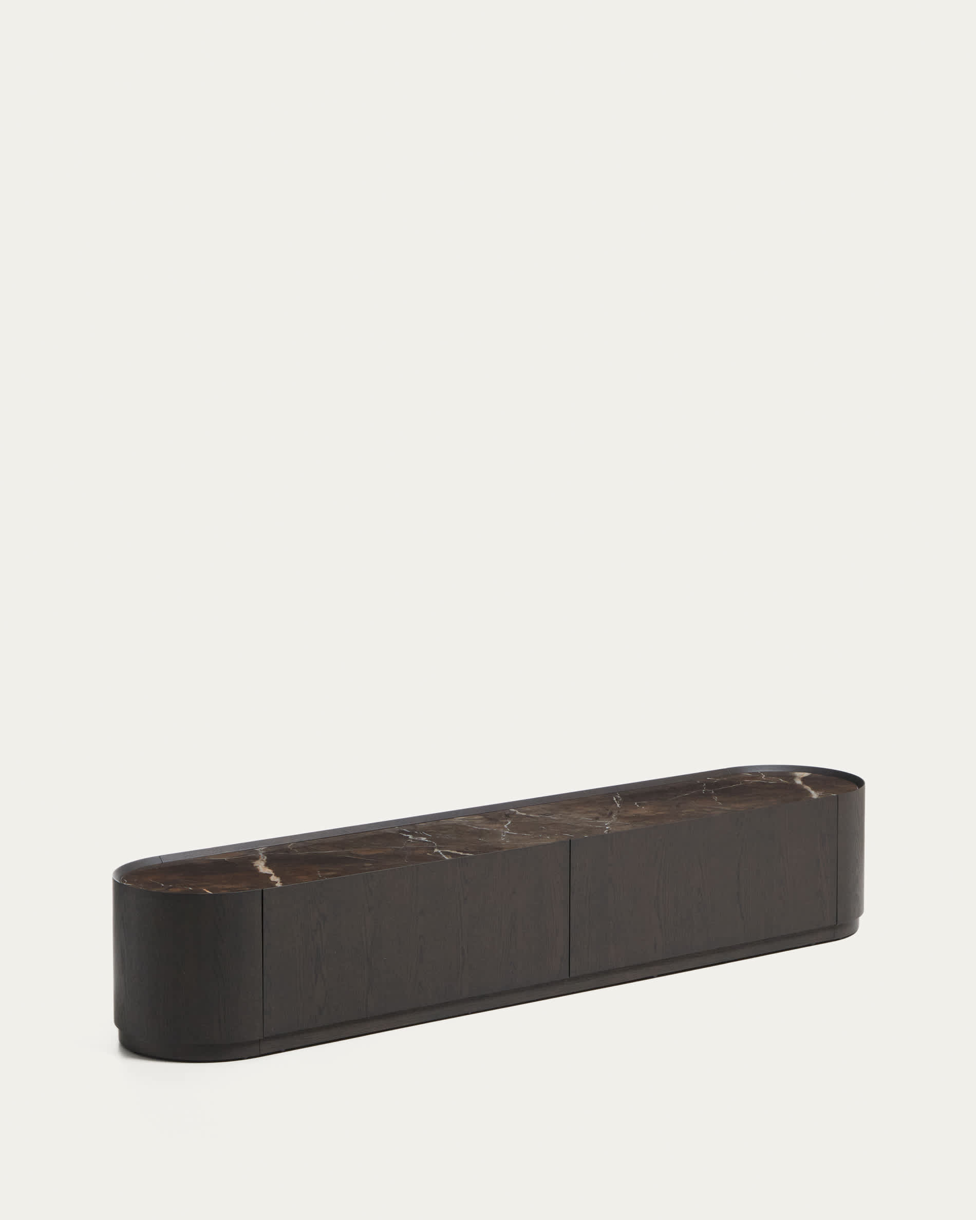 Nemore TV stand with 2 oak veneer drawers and Emperador marble-effect ceramic top, FSC Mix Credit, 200 x 35 cm